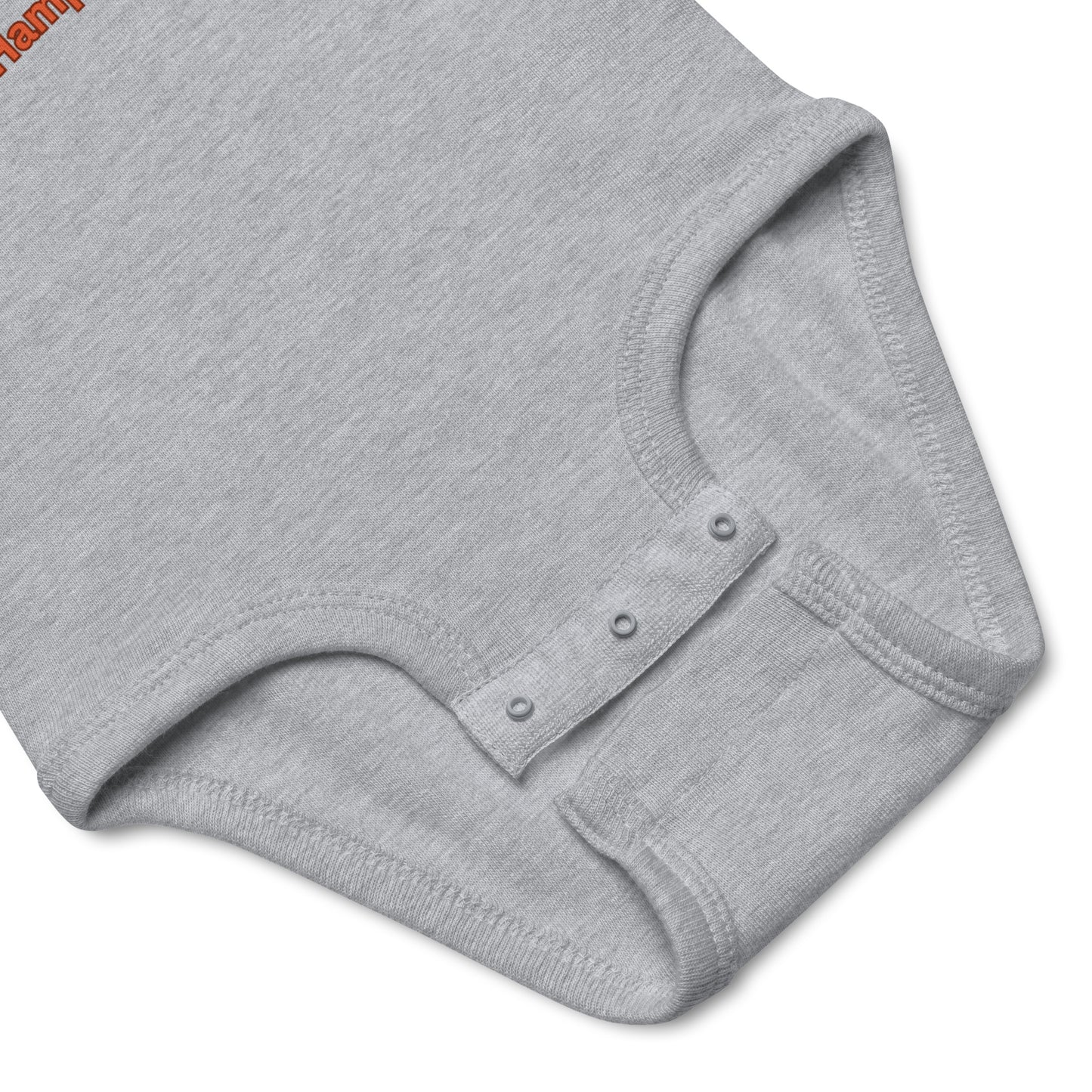 Close-up of snap closure on gray Crabby but Cute Hamptons Onesie, showing soft cotton fabric and convenient bottom snaps for easy diaper access.