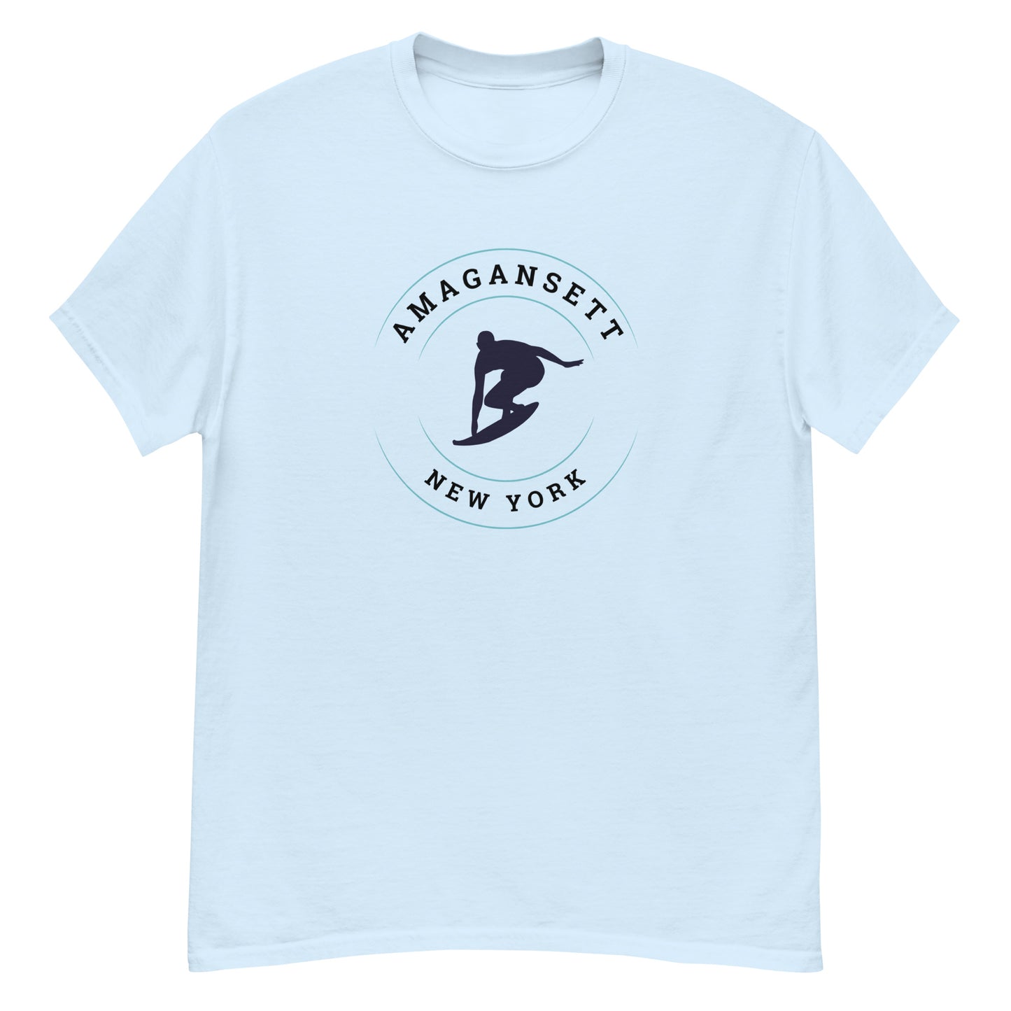 Baby blue Amagansett Surfing T-Shirt – Retro Surf Tee with bold surfer silhouette, perfect for coastal streetwear and beach town fashion.