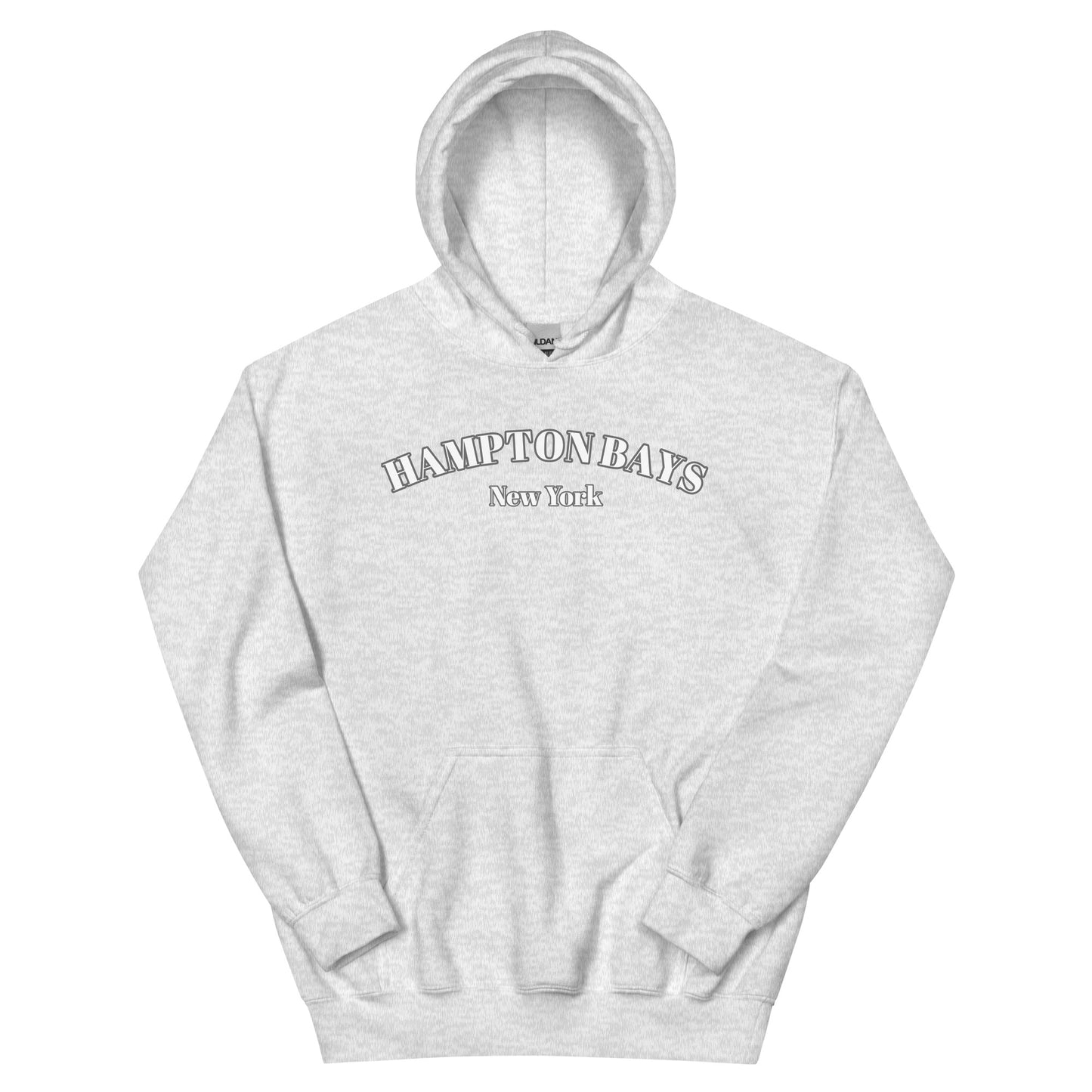 Light gray Hampton Bays Hoodie flat lay, cozy unisex beach sweatshirt with New York print, perfect for seaside comfort.