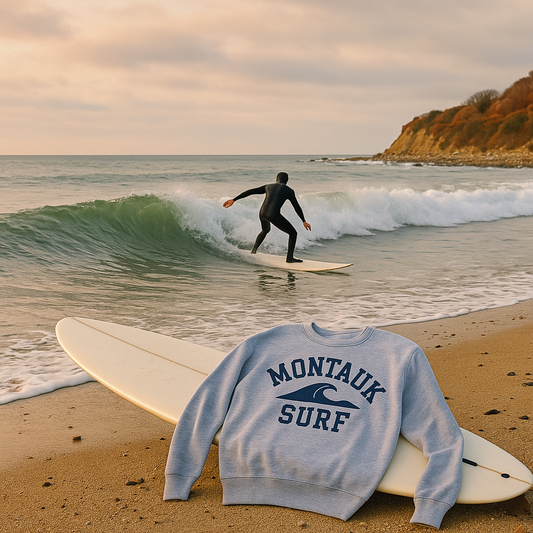 Surfer catching wave at Ditch Plains in Montauk