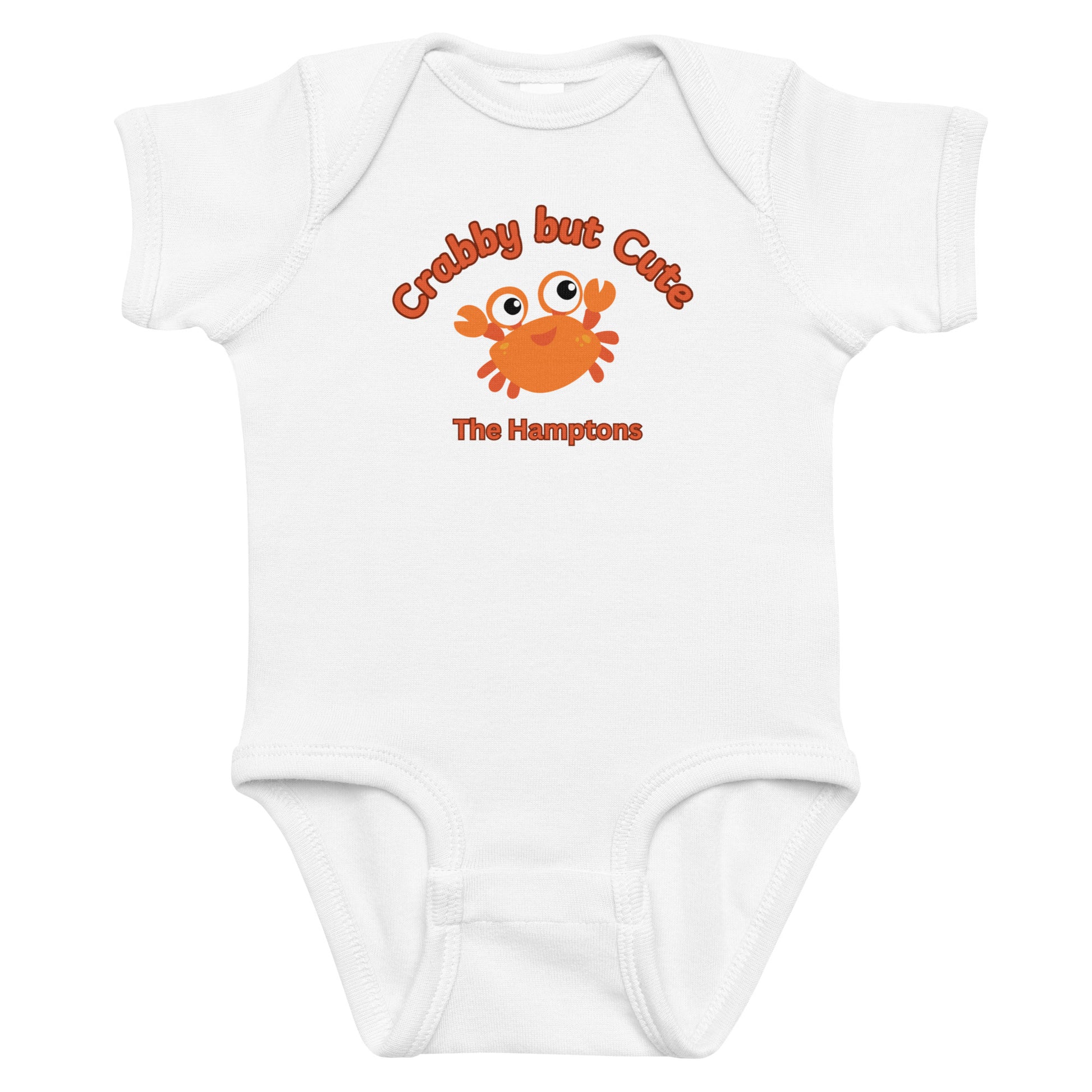 White Crabby but Cute Hamptons Onesie with playful crab graphic and red lettering, perfect for coastal baby clothing and summer baby gifts.