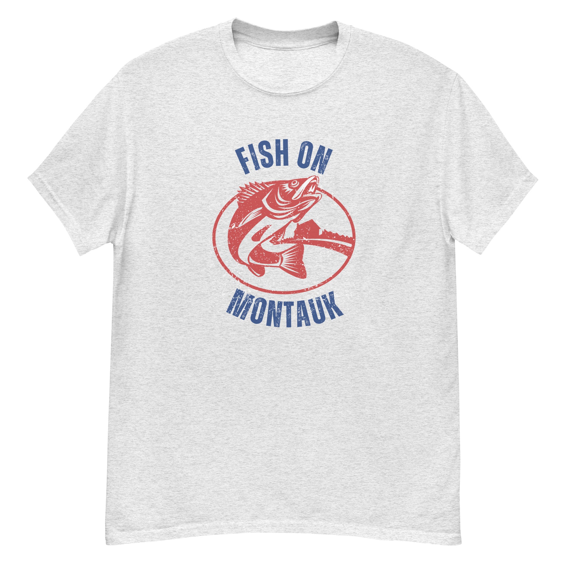 Light heather gray Montauk Fishing T-Shirt with red striped bass graphic and blue 'Fish On Montauk' text, great for nautical streetwear.