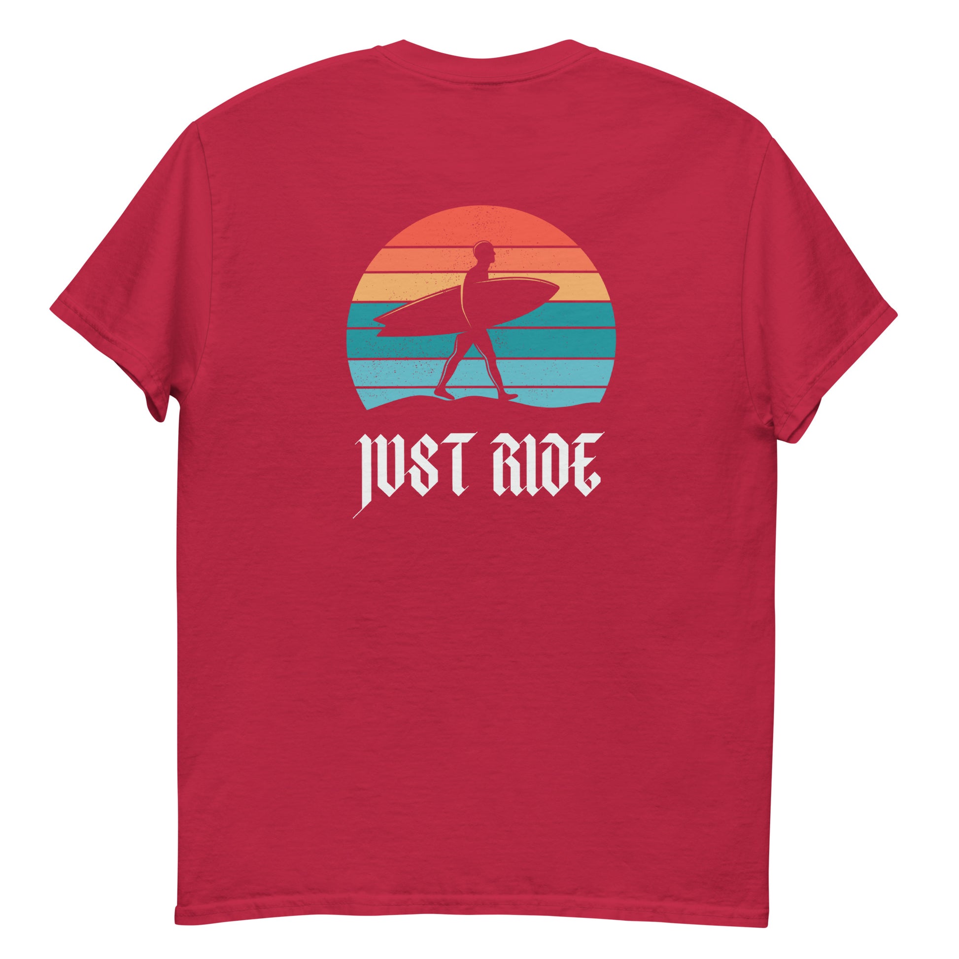 Red Just Ride Surf T-Shirt with retro surfer and sunset print, ideal for summer outfits and casual beachwear for men and women.