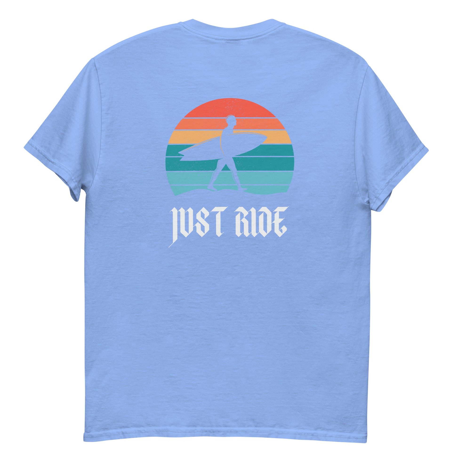 Light blue Just Ride Surf T-Shirt with retro sunset and surfer silhouette, ideal for beach lovers and casual summer outfits.