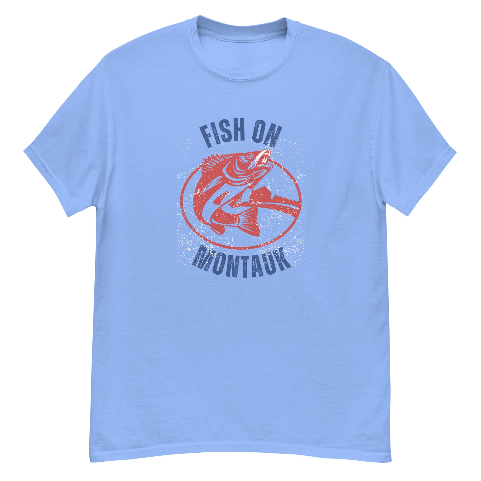 Light blue Montauk Fishing T-Shirt with vintage red fish graphic and blue 'Fish On Montauk' text, great for coastal adventures.