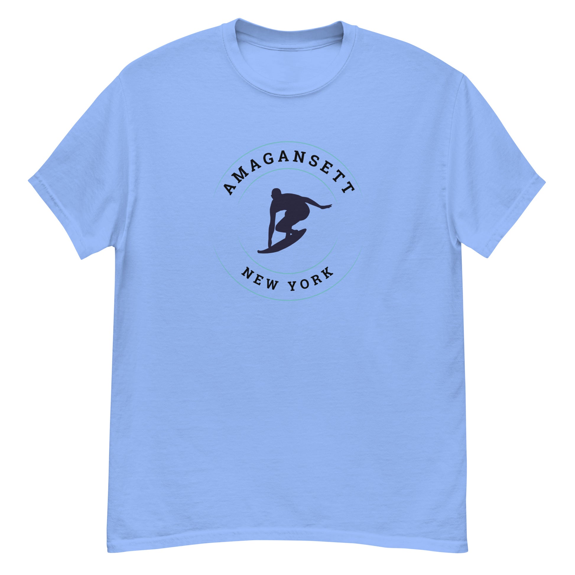 Light blue Amagansett Surfing T-Shirt – Retro Surf Tee with vintage surf graphic, perfect for beach life and unisex summer fashion.