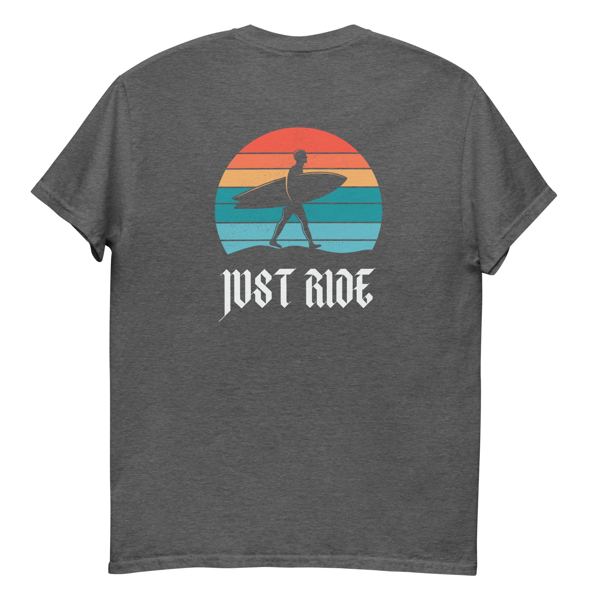 Charcoal Just Ride Surf T-Shirt with colorful retro surfer graphic, a stylish unisex tee for coastal adventures and summer fashion.
