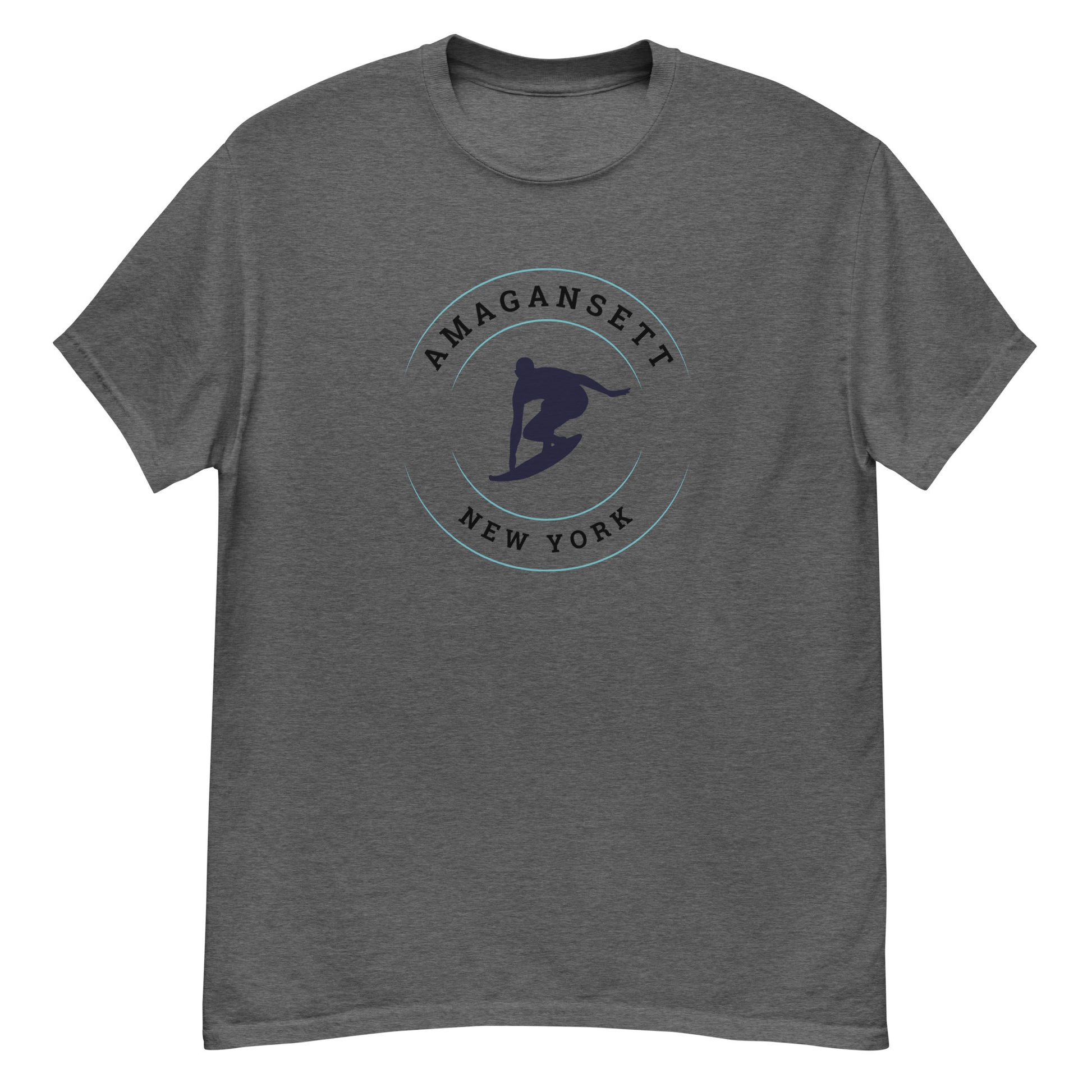 Dark heather gray Amagansett Surfing T-Shirt – Retro Surf Tee with classic surf graphic, perfect for coastal streetwear and casual outfits.