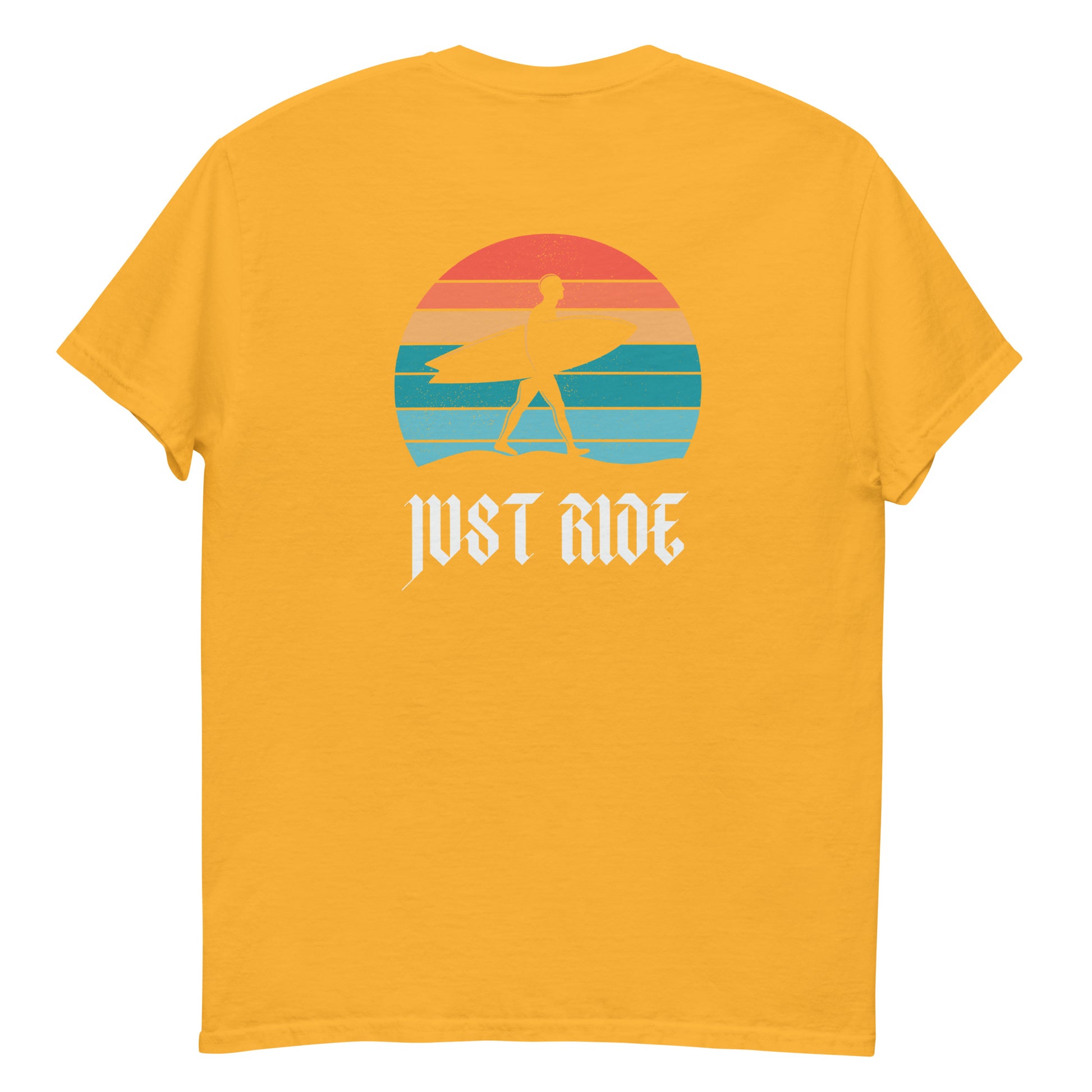 Yellow Just Ride Surf T-Shirt with vintage surf graphic, perfect for sunny beach days and casual coastal clothing style.