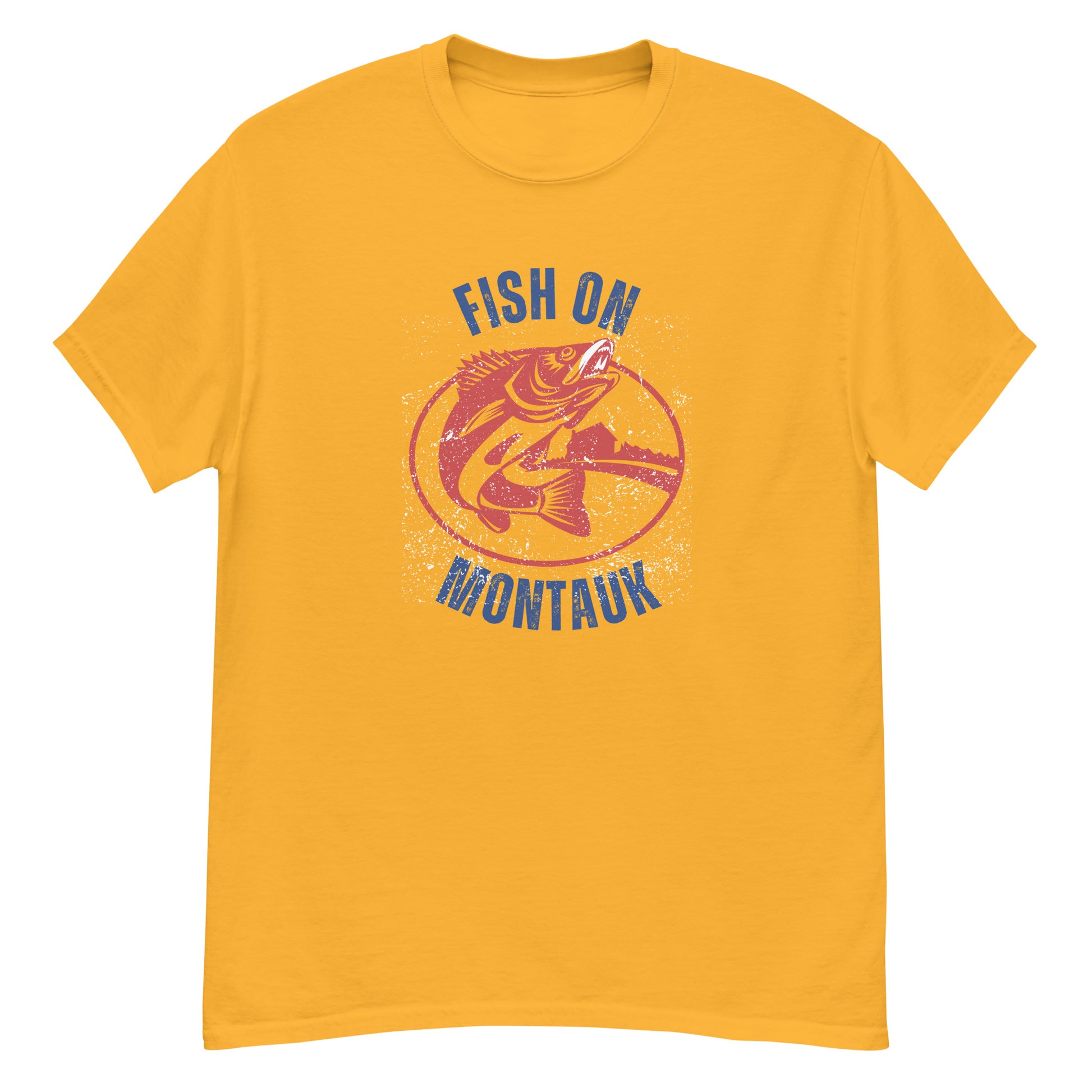 Golden yellow Montauk Fishing T-Shirt with retro red fish print and blue text, combining nautical charm with casual comfort.