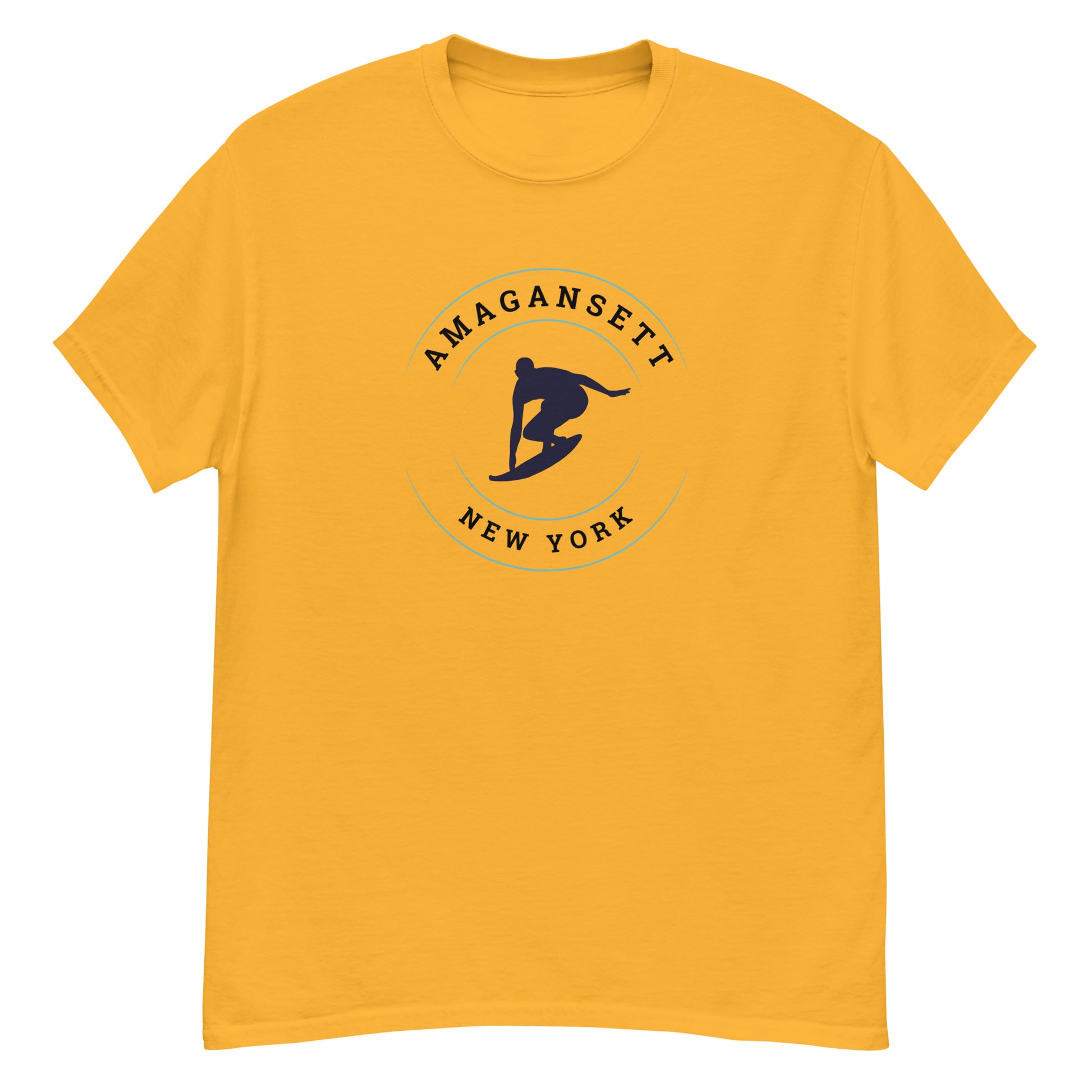 Gold Amagansett Surfing T-Shirt – Retro Surf Tee with navy surfer logo and East Coast surf vibe, ideal for sunny beach days.