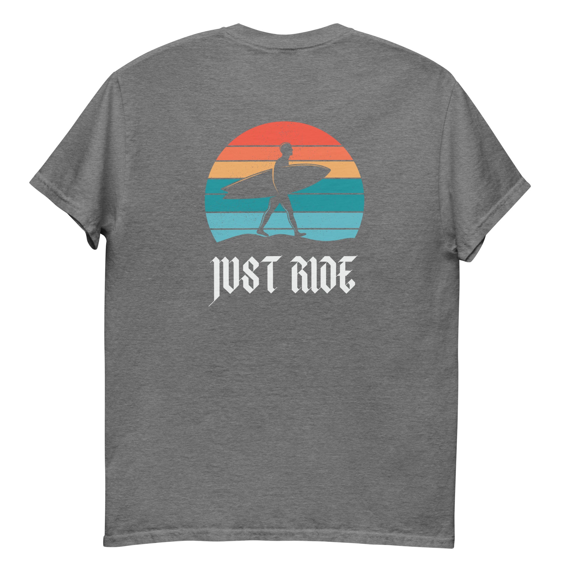Heather gray Just Ride Surf T-Shirt with retro surf design, perfect for casual beachwear and ocean-inspired unisex apparel.