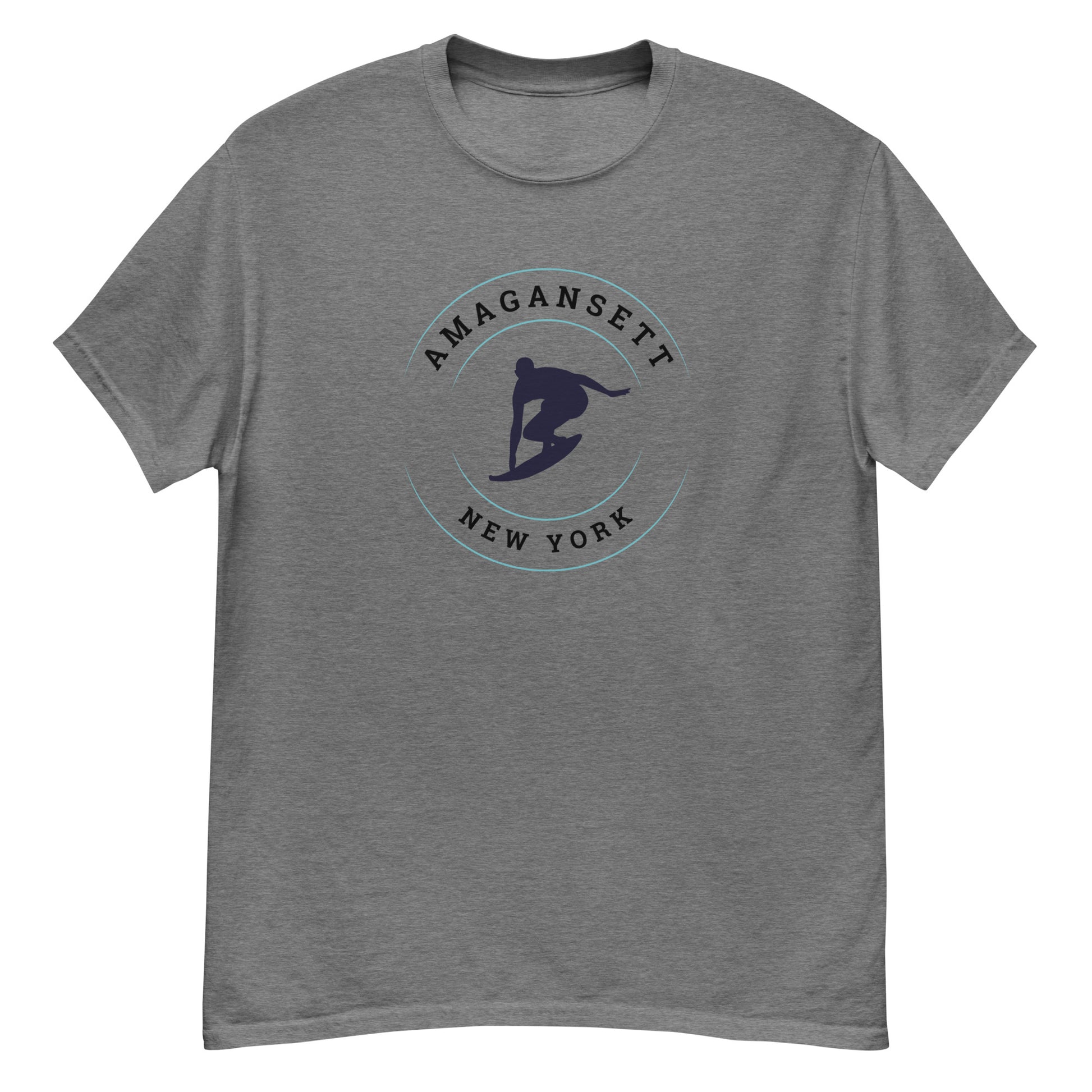 Heather gray Amagansett Surfing T-Shirt – Retro Surf Tee with retro surf design, ideal for Long Island surf style and summer wear.