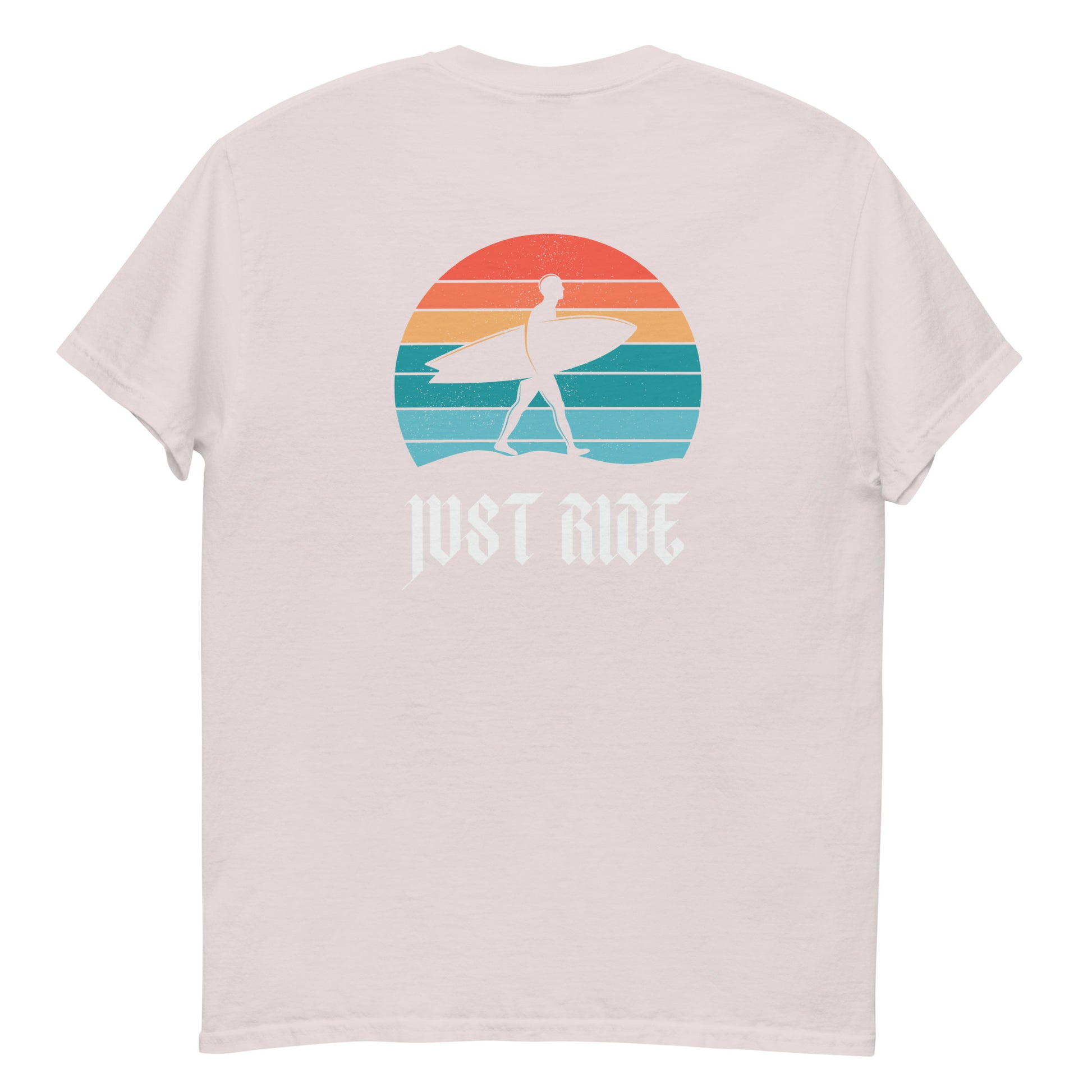 Light pink Just Ride Surf T-Shirt with vintage surfer silhouette and sunset design, ideal for beachwear and ocean-inspired style.