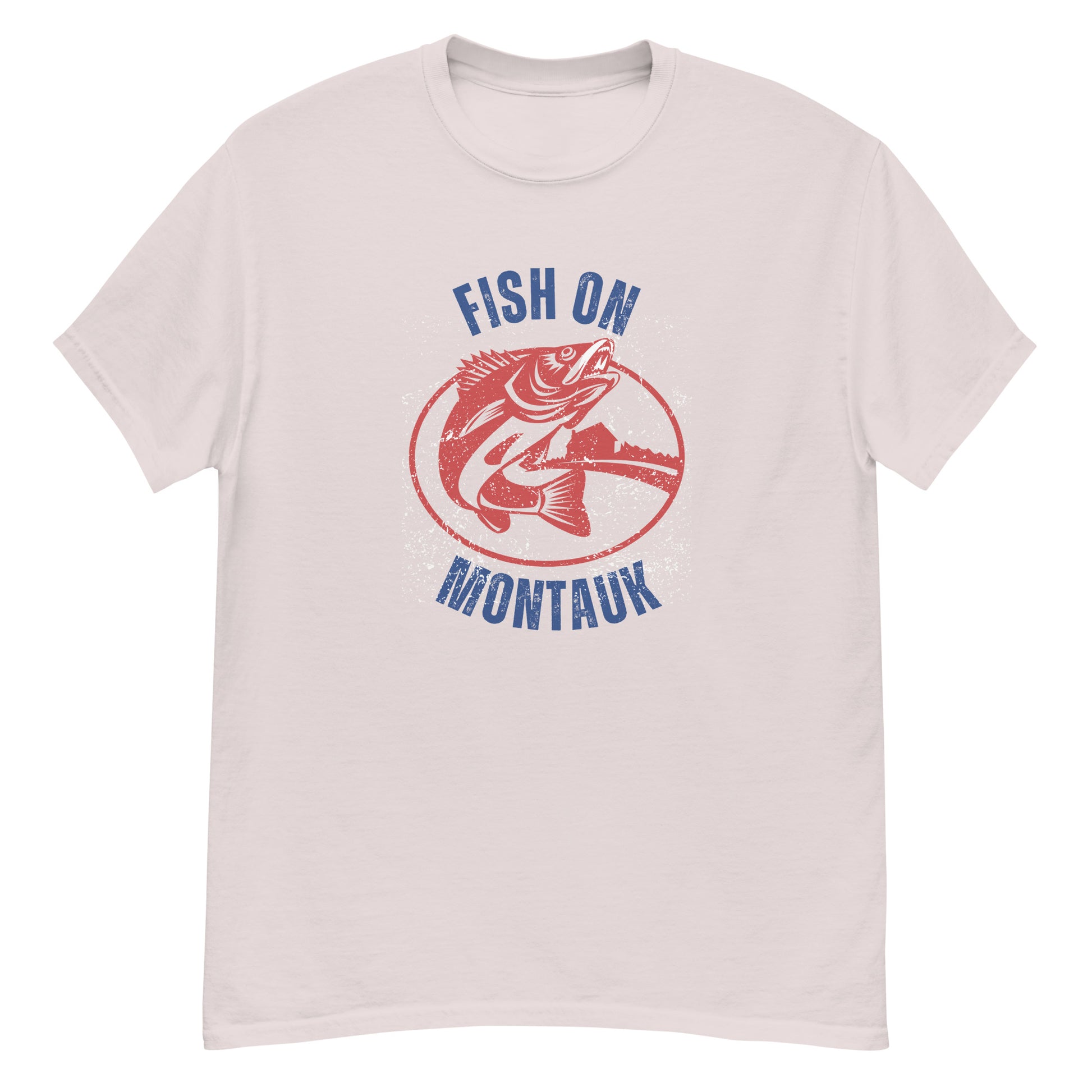 Light pink Montauk Fishing T-Shirt with red fish print and blue 'Fish On Montauk' lettering, a stylish unisex coastal tee.