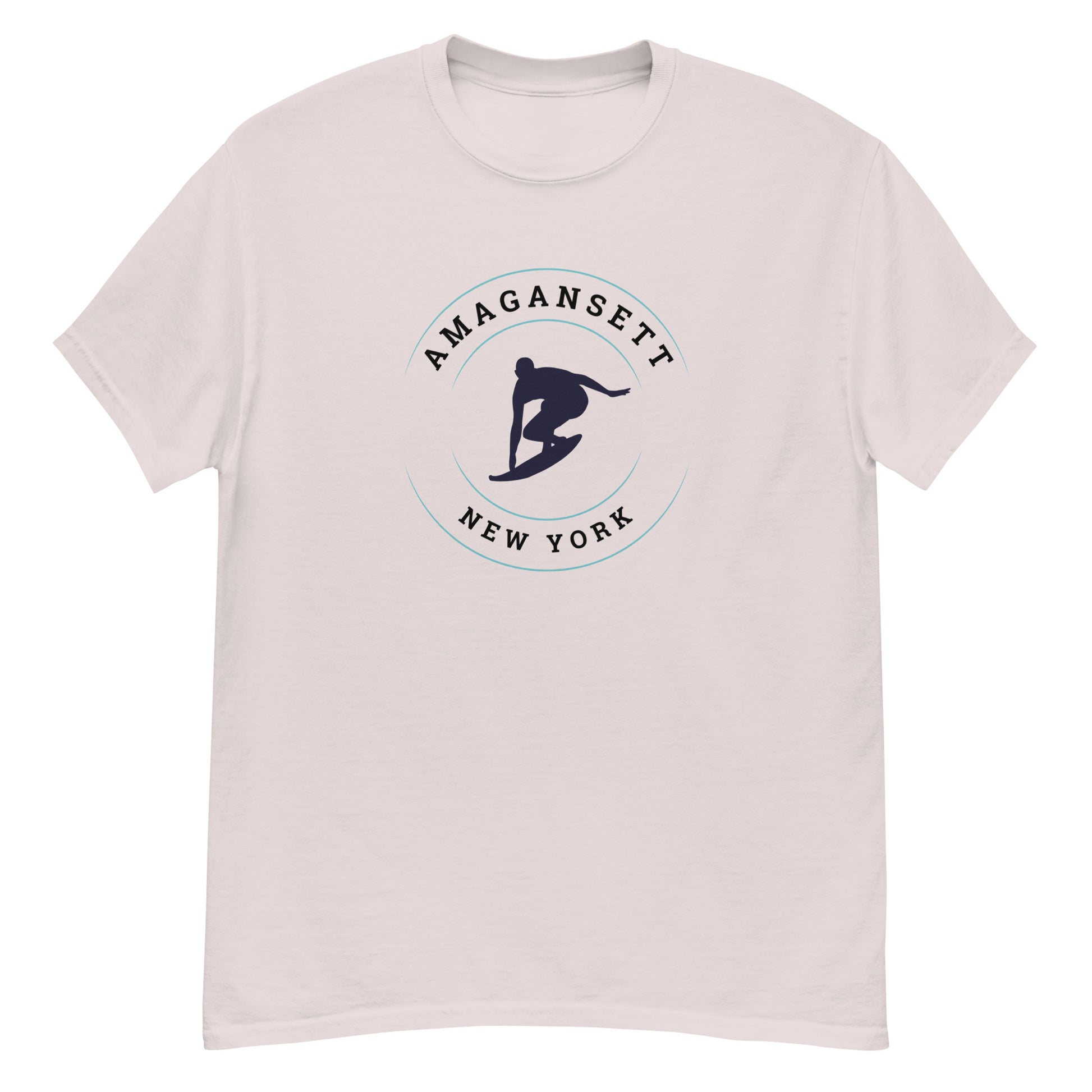 Light pink Amagansett Surfing T-Shirt – Retro Surf Tee with navy surf graphic, ideal for vintage surf shirt fans and casual summer wear.
