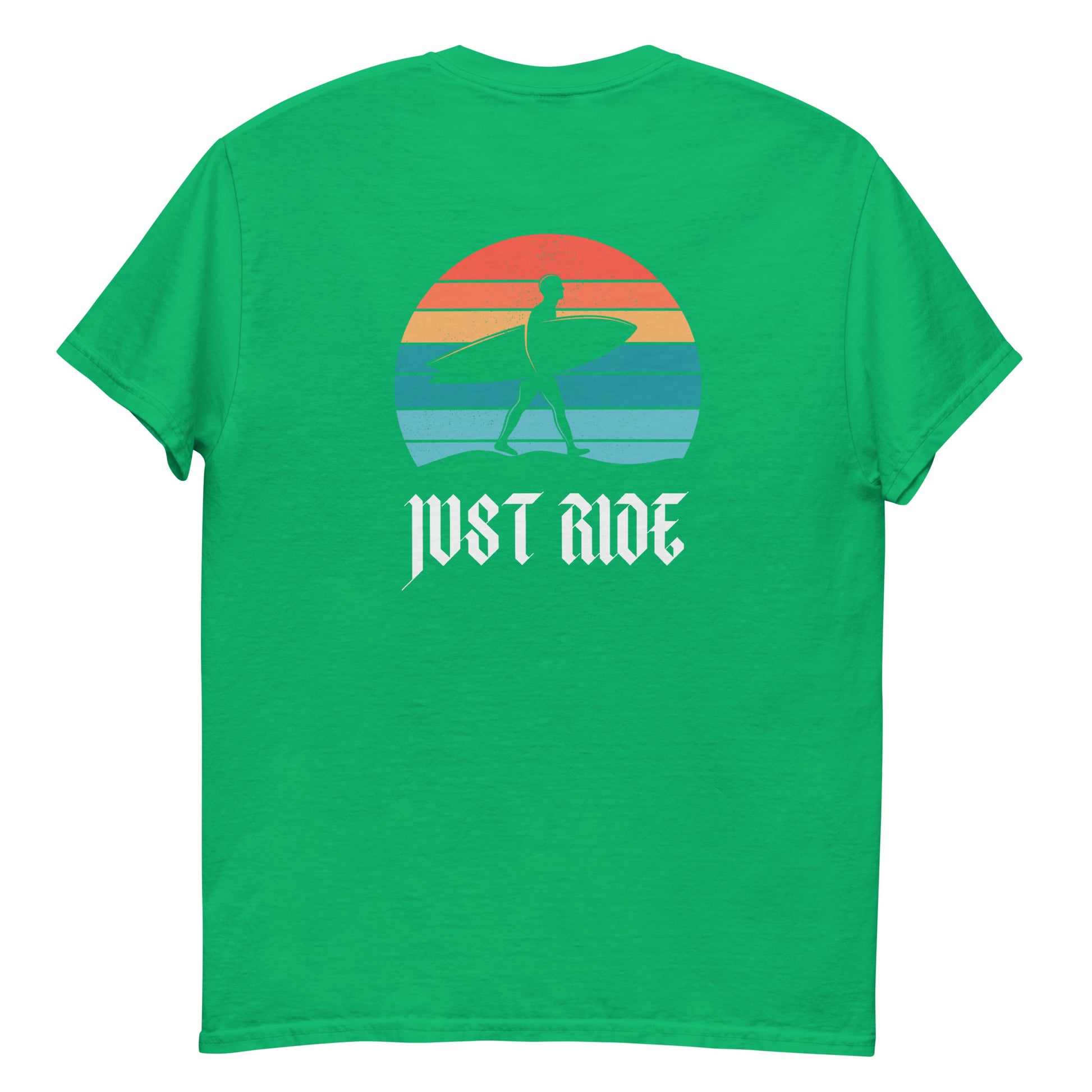 Green Just Ride Surf T-Shirt with colorful vintage surfer print, great for summer streetwear and coastal lifestyle fashion.