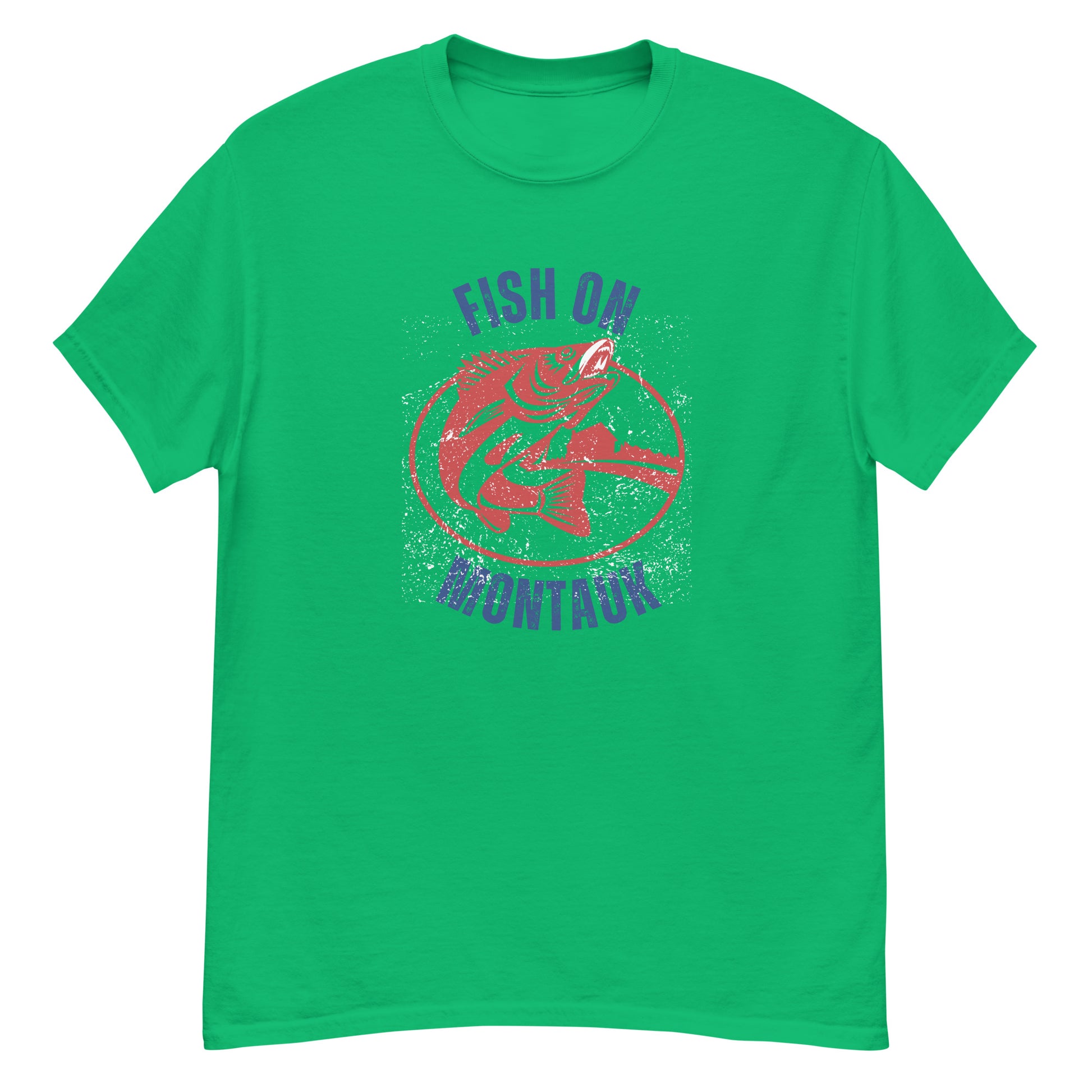 Bright green Montauk Fishing T-Shirt with red fish artwork and purple lettering, a bold choice for saltwater fishing fans.