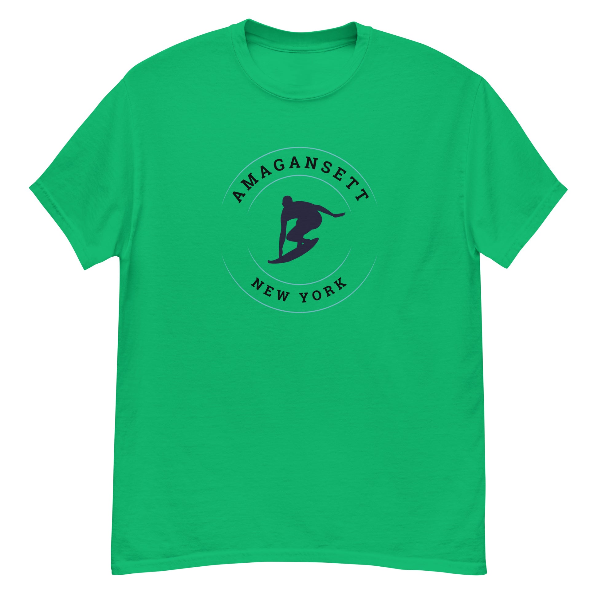 Green Amagansett Surfing T-Shirt – Retro Surf Tee with dark surfer silhouette and Amagansett New York text, great for surfer lifestyle fans.