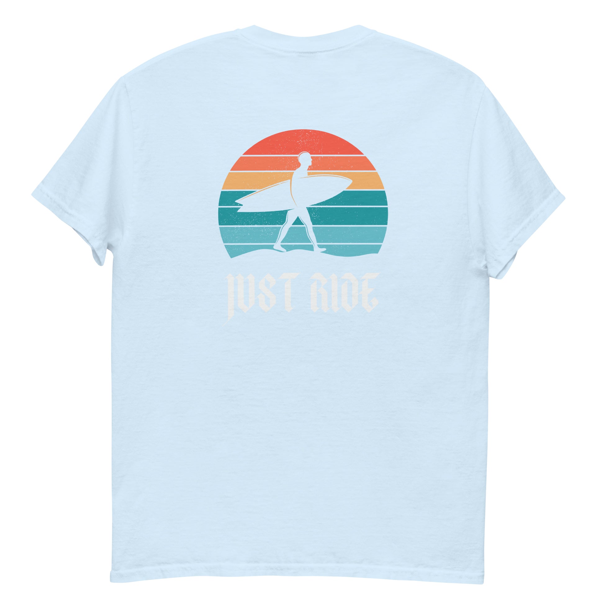 Pale blue Just Ride Surf T-Shirt with retro surf graphic, perfect for casual summer fashion and unisex coastal apparel.