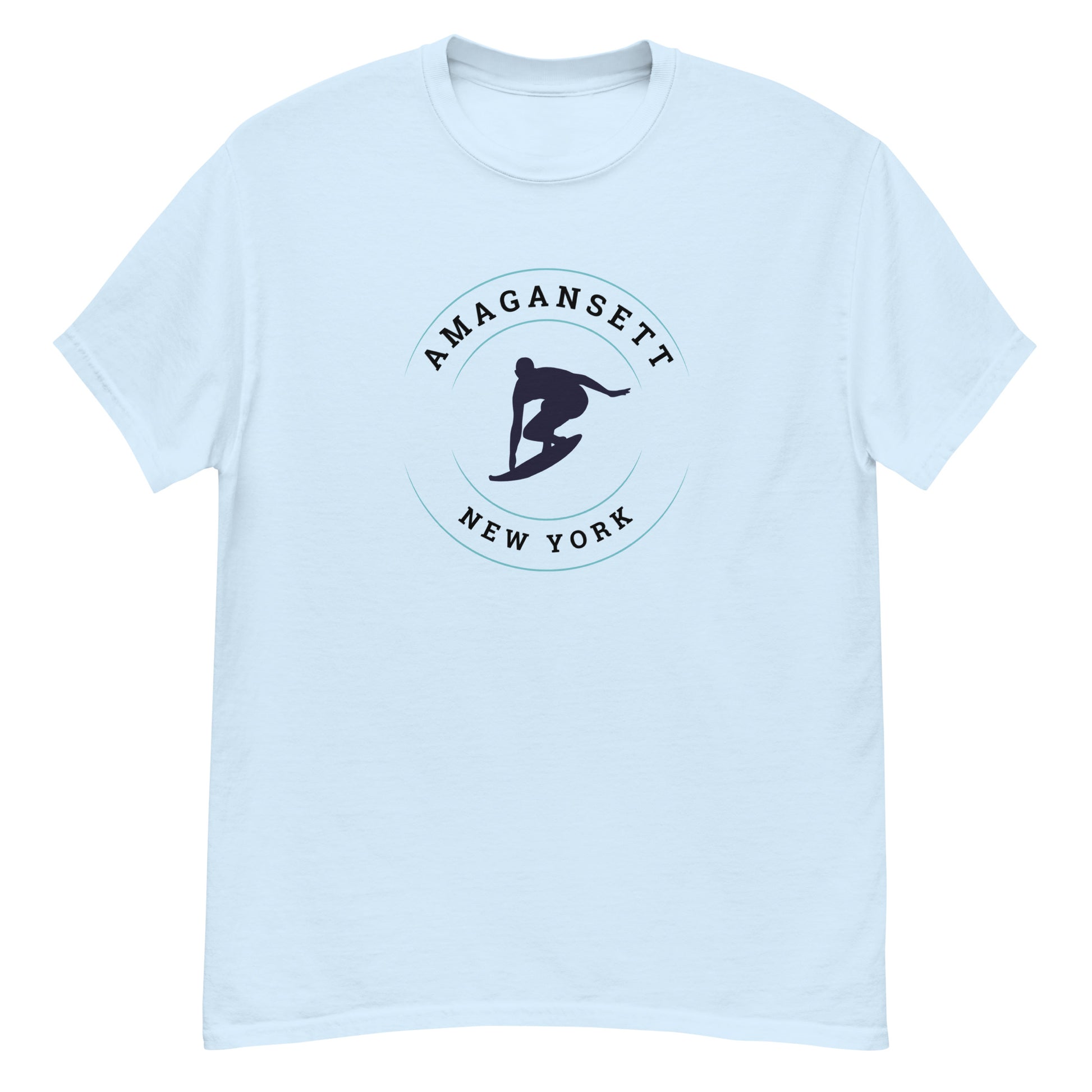 Baby blue Amagansett Surfing T-Shirt – Retro Surf Tee with bold surfer silhouette, perfect for coastal streetwear and beach town fashion.