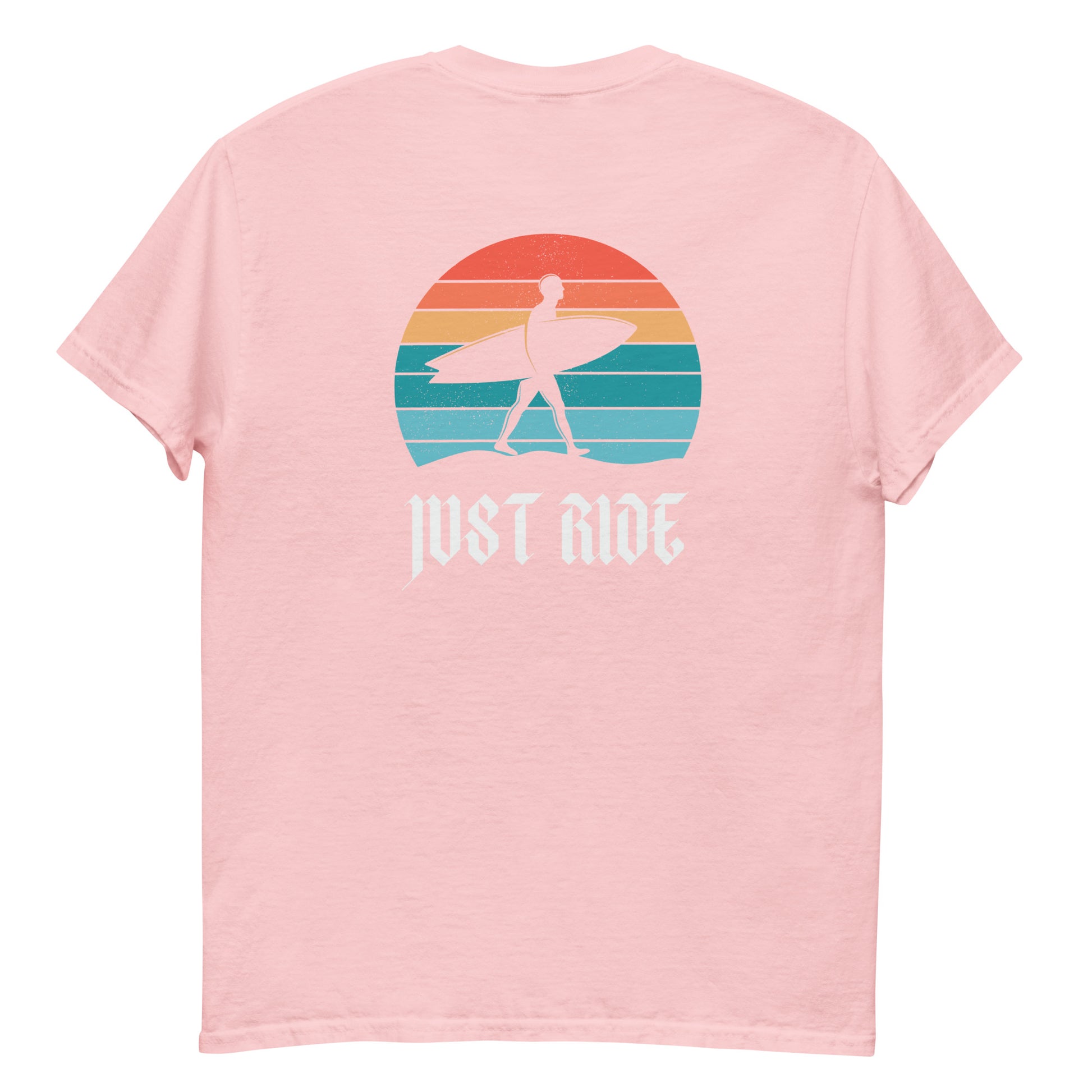 Pink Just Ride Surf T-Shirt with colorful retro surf graphic, perfect for coastal fashion and casual summer outfits.