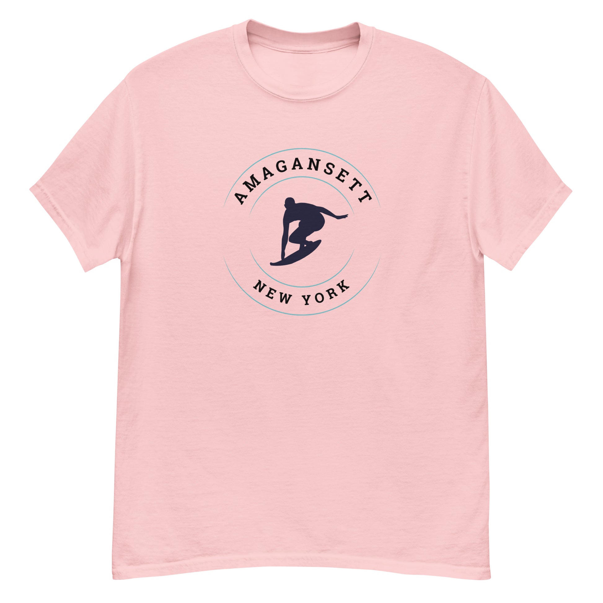 Pink Amagansett Surfing T-Shirt – Retro Surf Tee with vintage surfer emblem, great for unisex beachwear and surfing lifestyle clothing.