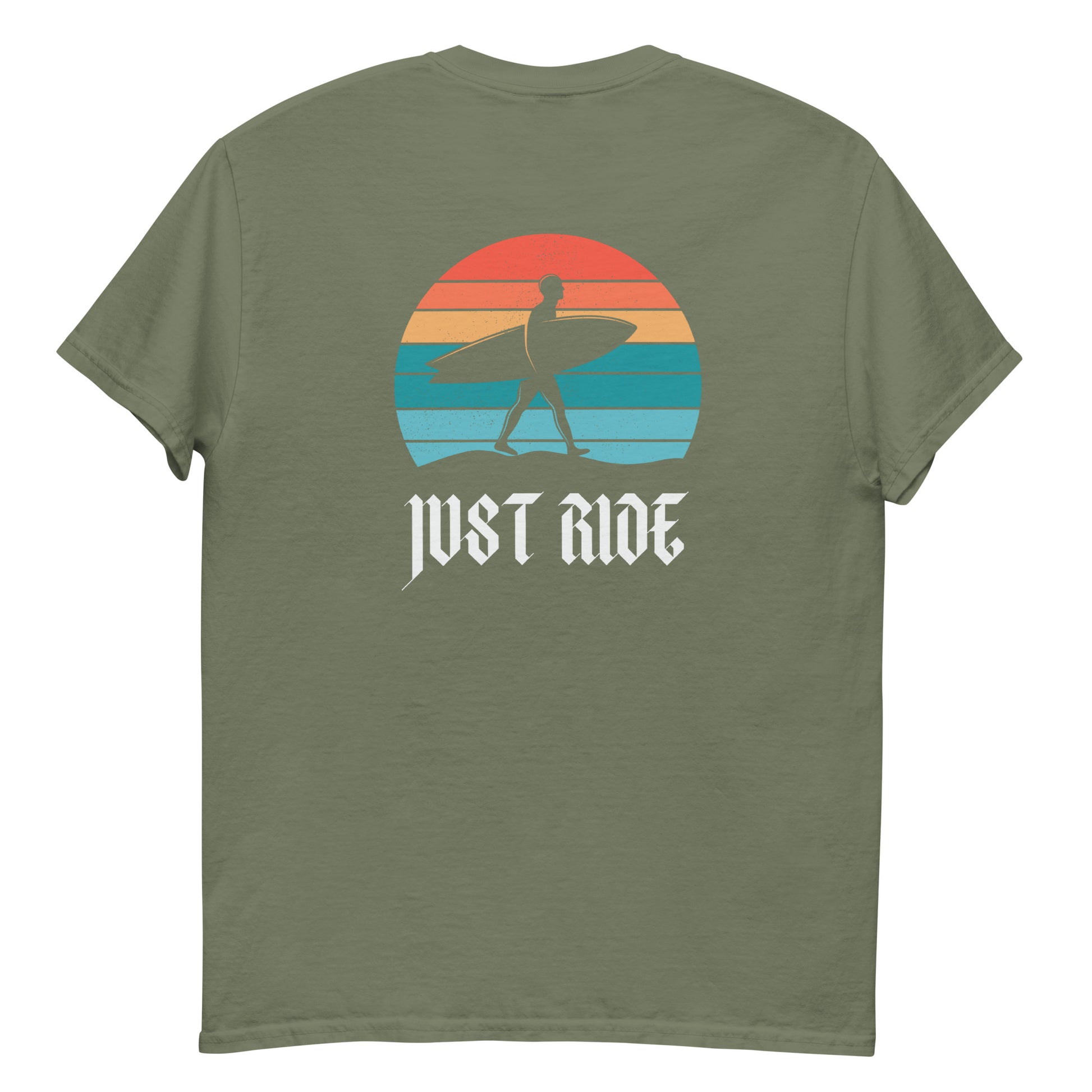 Olive green Just Ride Surf T-Shirt featuring retro sunset and surfer design, perfect for casual beach lovers and summer streetwear fashion.