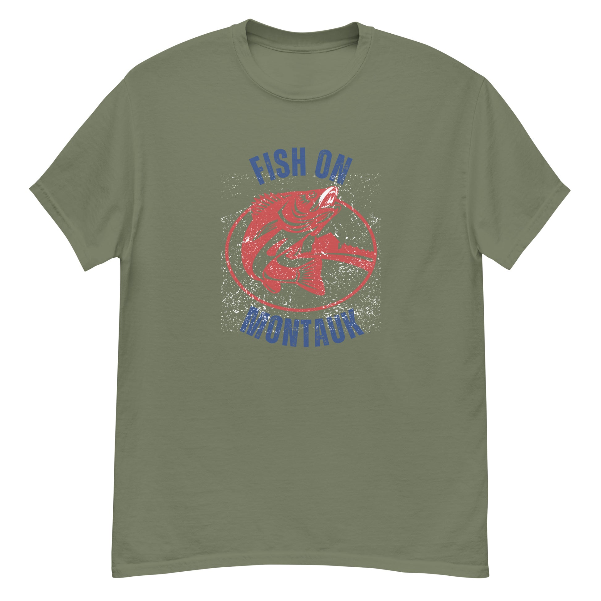 Vintage-inspired Montauk Fishing T-Shirt in olive green with red fish design and blue text, ideal for ocean lovers and anglers.