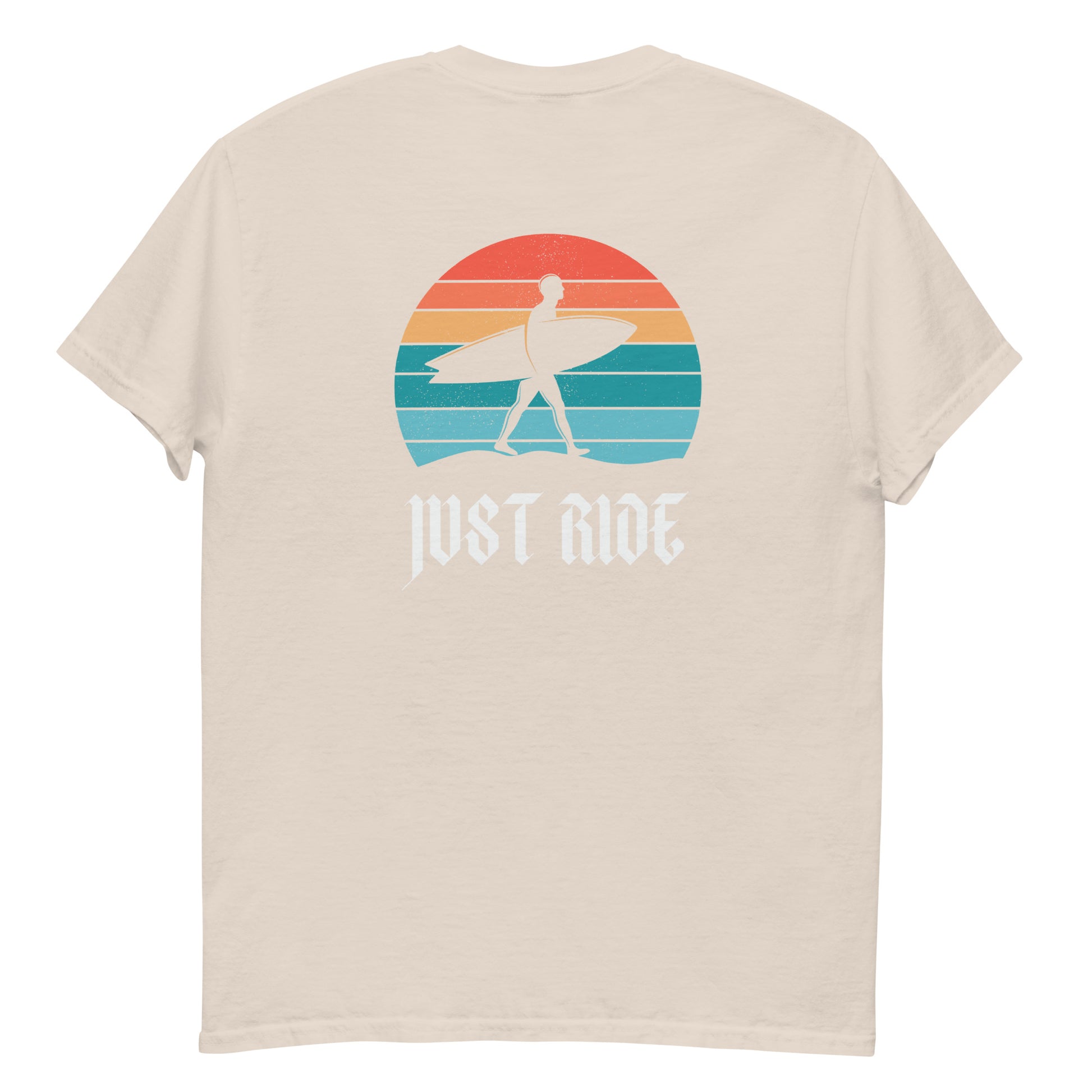 Cream Just Ride Surf T-Shirt with retro surf design, ideal for beachgoers and summer-ready unisex apparel collections.