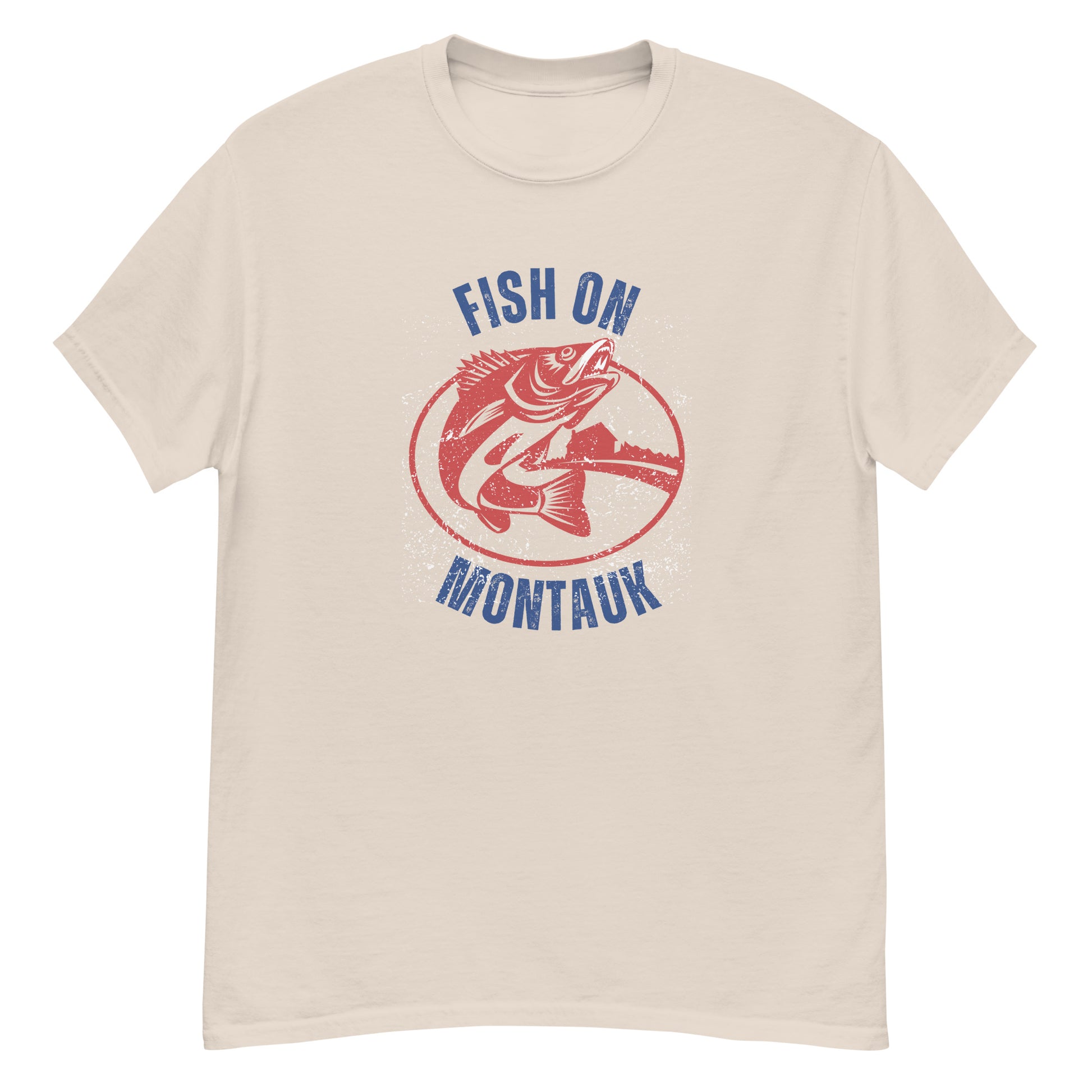 Beige Montauk Fishing T-Shirt with vintage red fish illustration and blue 'Fish On Montauk' text, ideal for beachwear lovers.