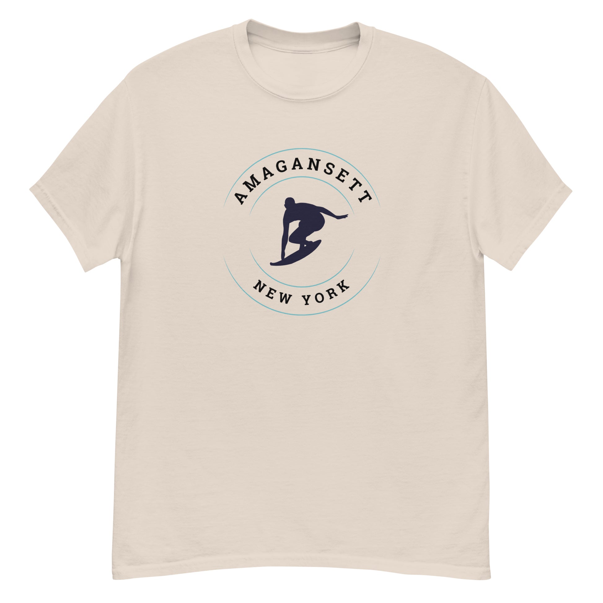 Cream Amagansett Surfing T-Shirt – Retro Surf Tee with classic surf logo and beach town lettering, ideal for relaxed coastal outfits.