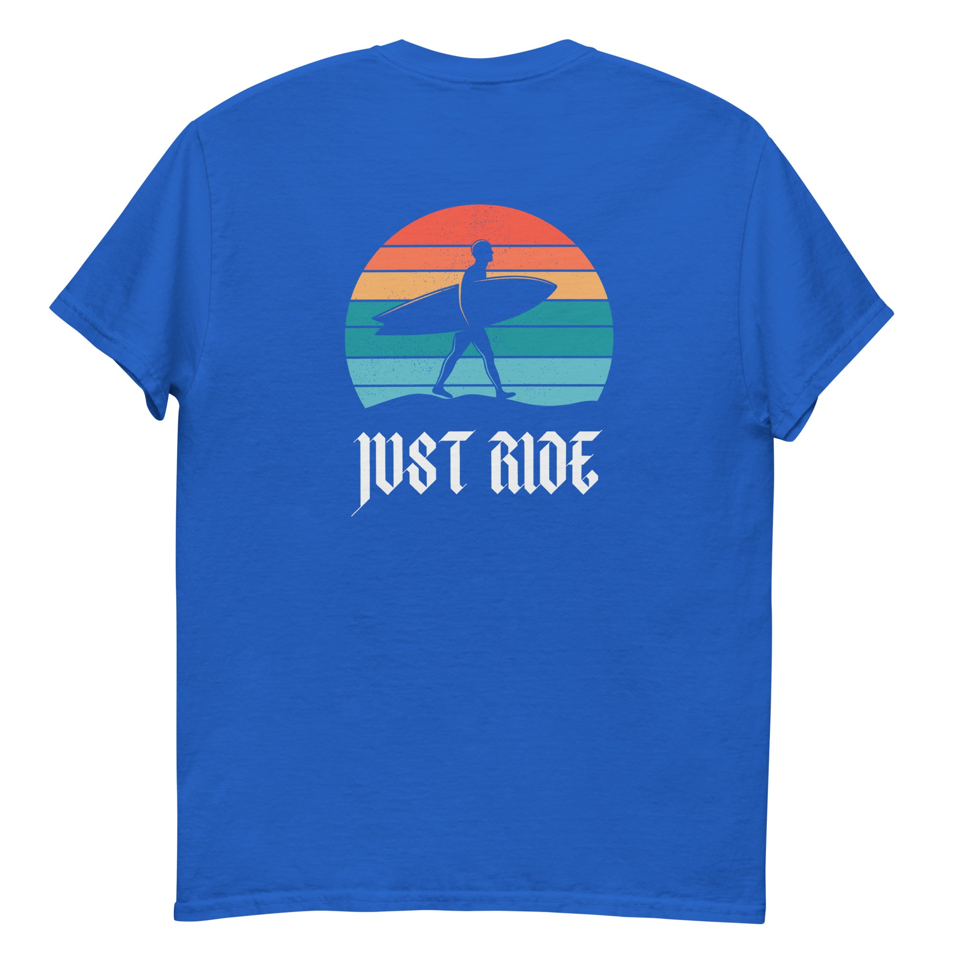 Royal blue Just Ride Surf T-Shirt with vintage surf design, perfect for streetwear surf style and ocean-inspired casual clothing.