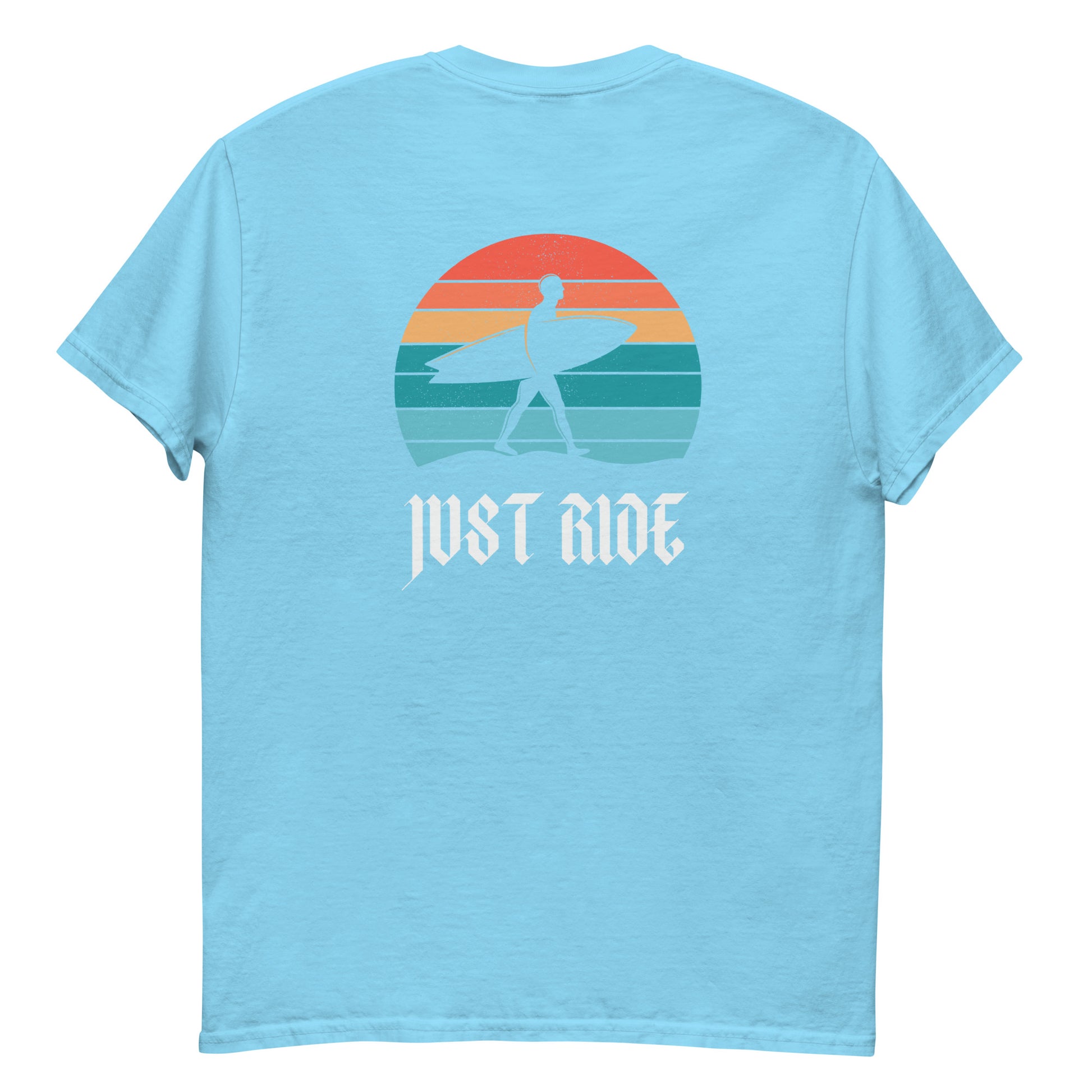 Sky blue Just Ride Surf T-Shirt with vintage beach graphic, perfect for casual beachwear and coastal streetwear enthusiasts.