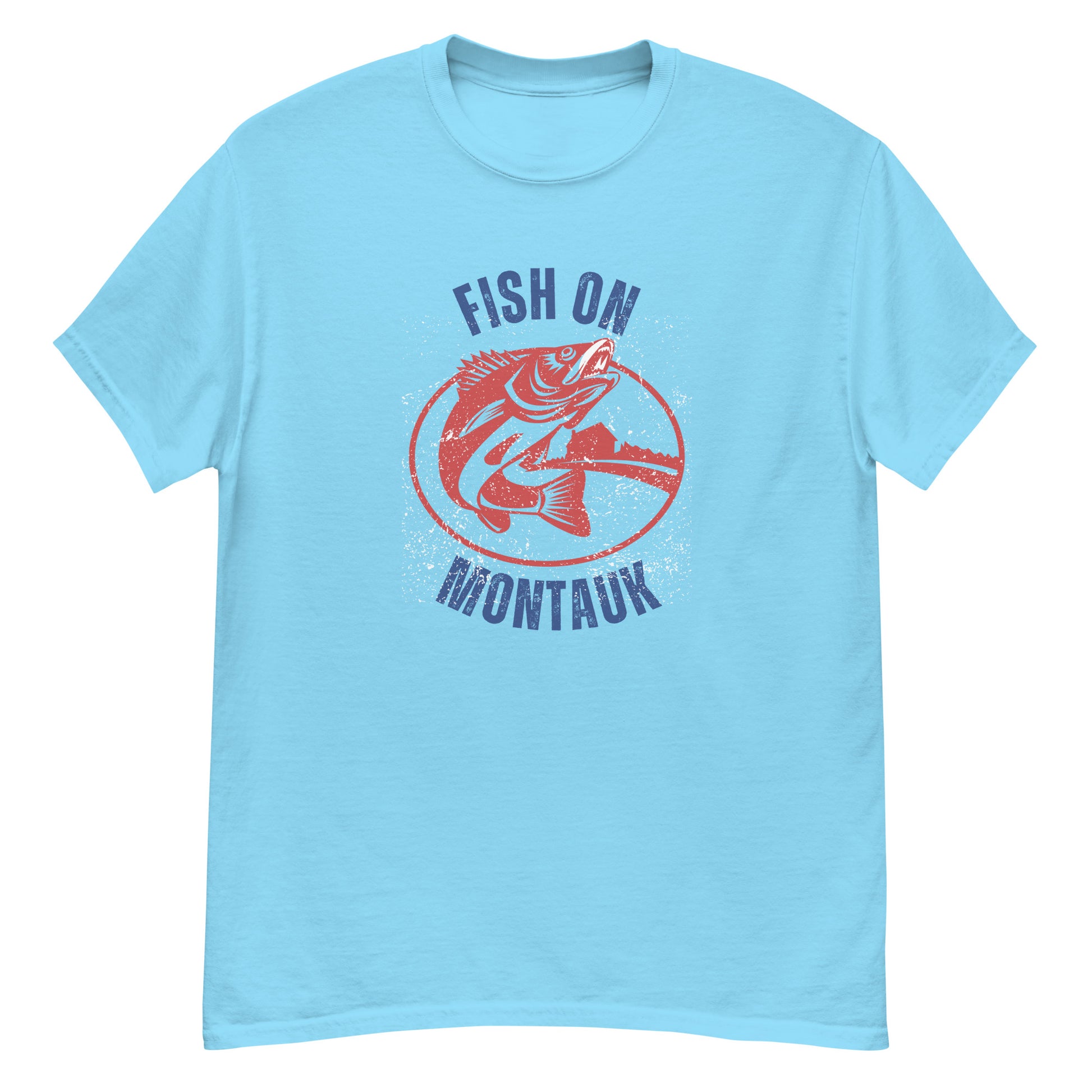 Sky blue Montauk Fishing T-Shirt with red striped bass design and blue lettering, a classic East Coast fishing shirt.