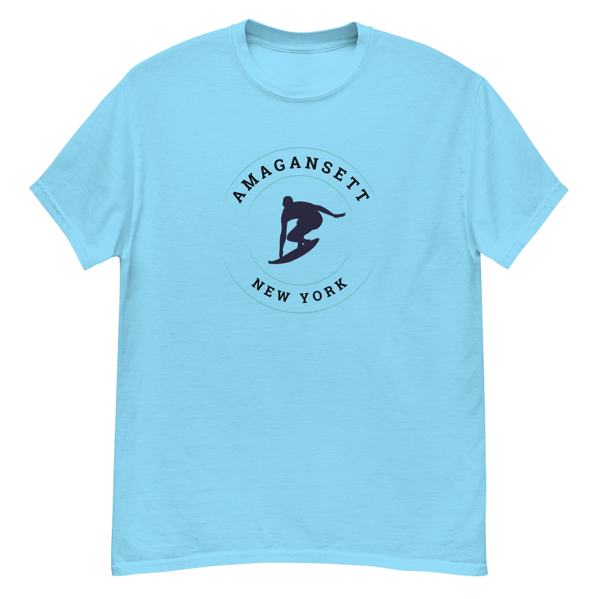 Sky blue Amagansett Surfing T-Shirt – Retro Surf Tee with dark surfer silhouette, perfect for vintage surf style and summer streetwear.