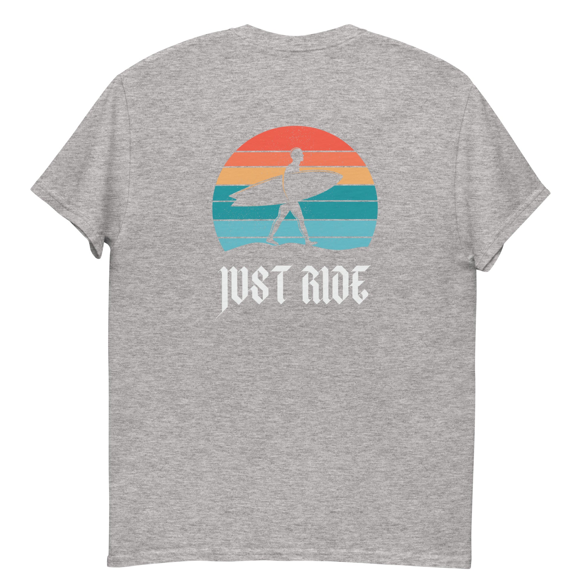 Heather gray Just Ride Surf T-Shirt with retro surfer and sunset design, ideal for ocean lovers and unisex summer fashion.
