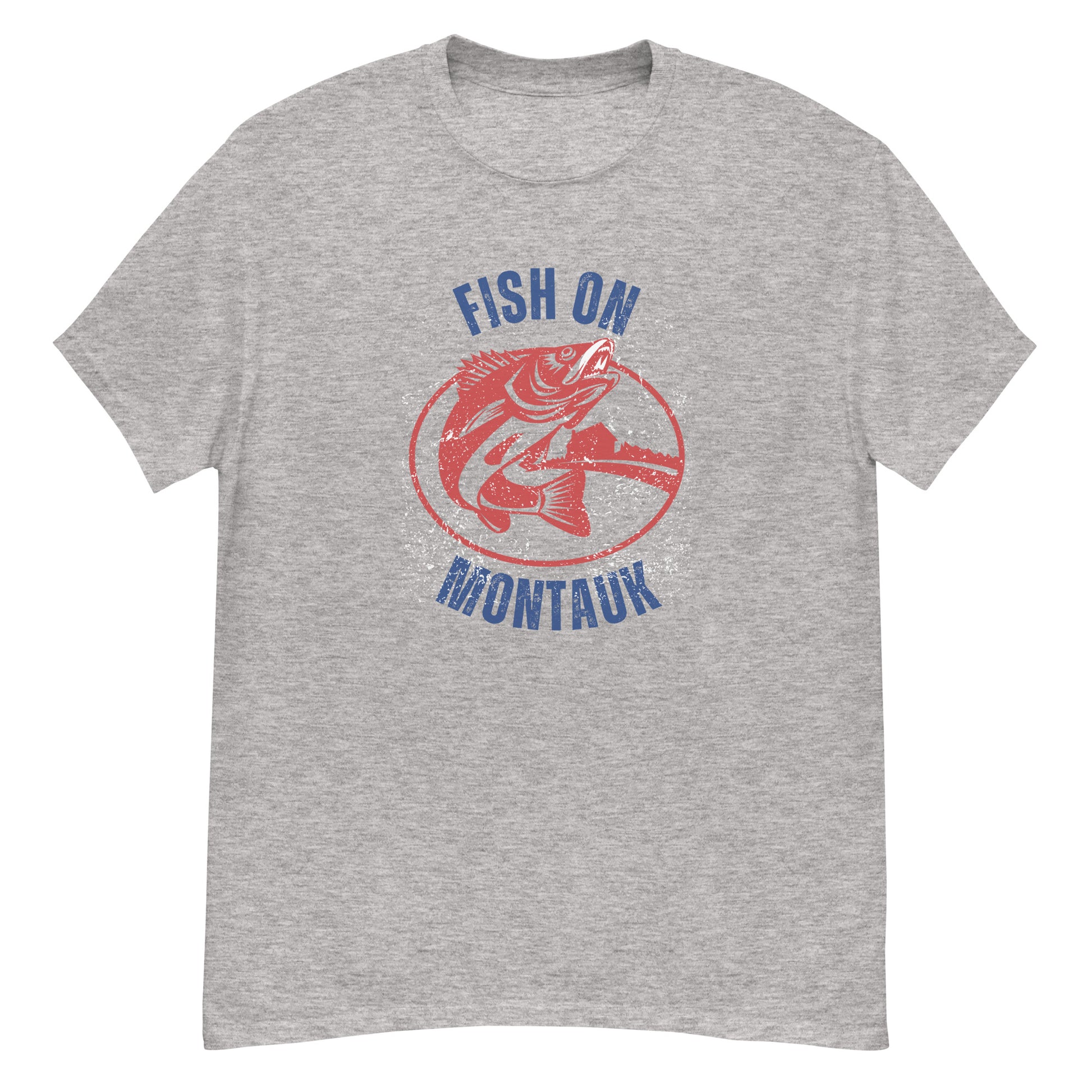 Heather gray Montauk Fishing T-Shirt with distressed red fish and blue 'Fish On Montauk' text, perfect for fisherman gifts.