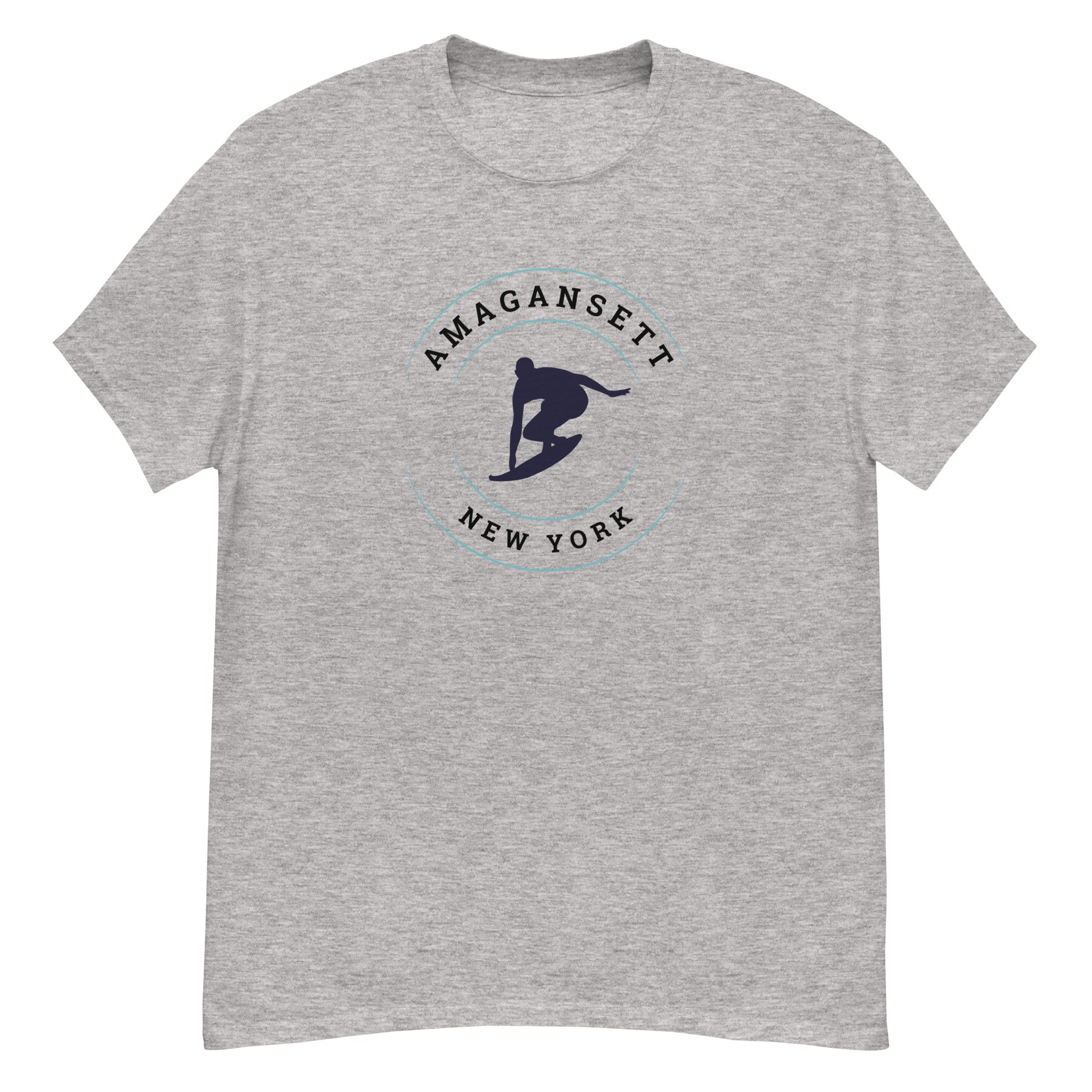 Sport gray Amagansett Surfing T-Shirt – Retro Surf Tee with bold surfer graphic, great for casual wear and Hamptons-inspired fashion.