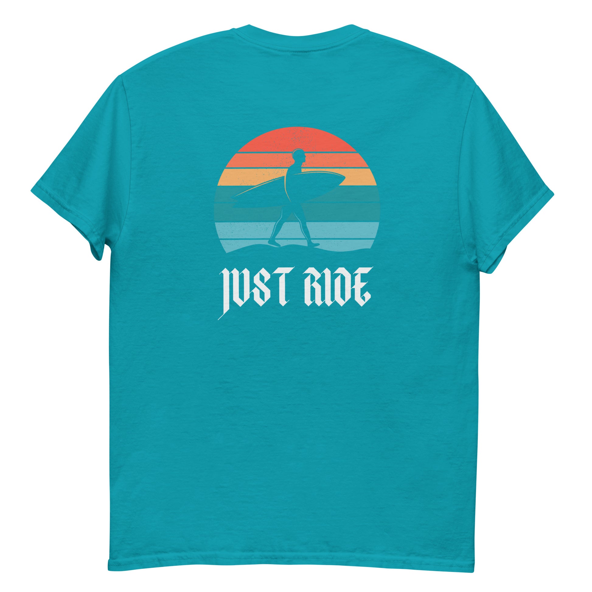 Turquoise Just Ride Surf T-Shirt with vintage beach graphic, ideal for surfers, beachgoers, and casual summer streetwear looks.