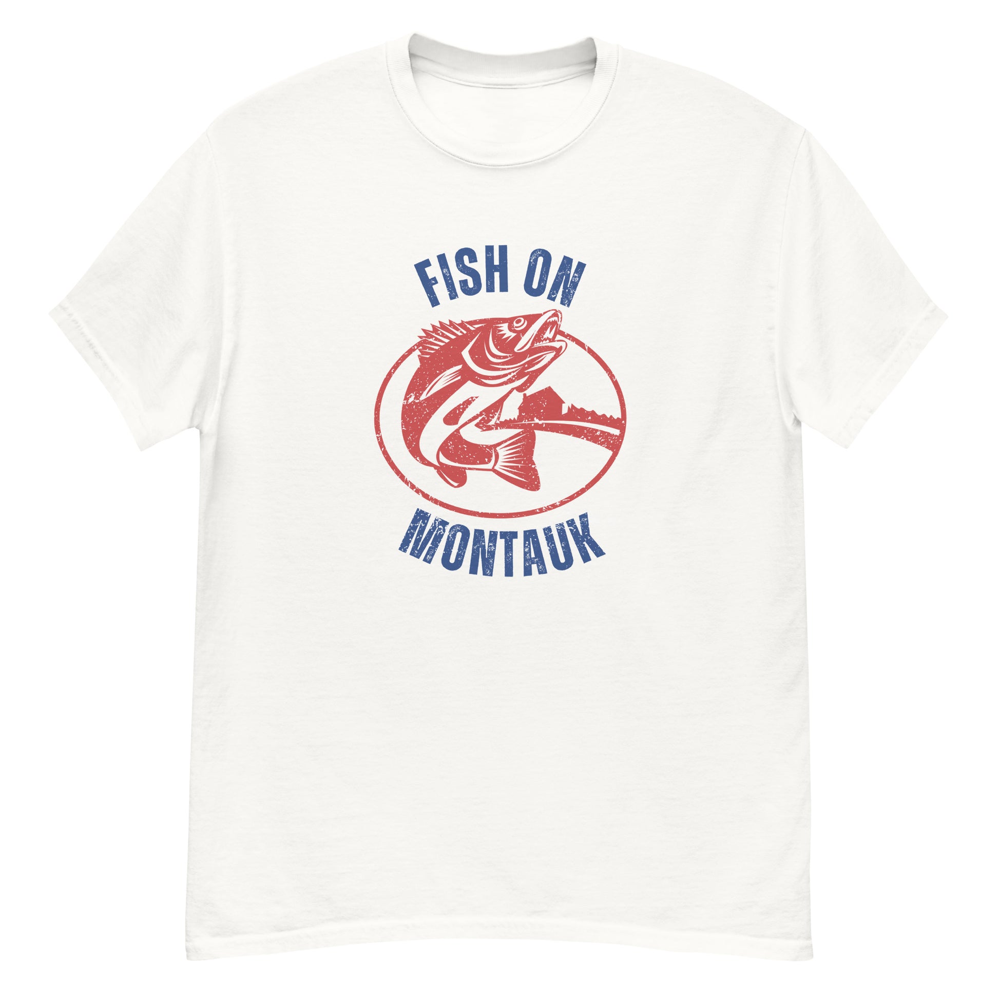 Classic white Montauk Fishing T-Shirt with red fish design and blue 'Fish On Montauk' lettering, a timeless unisex fishing shirt.
