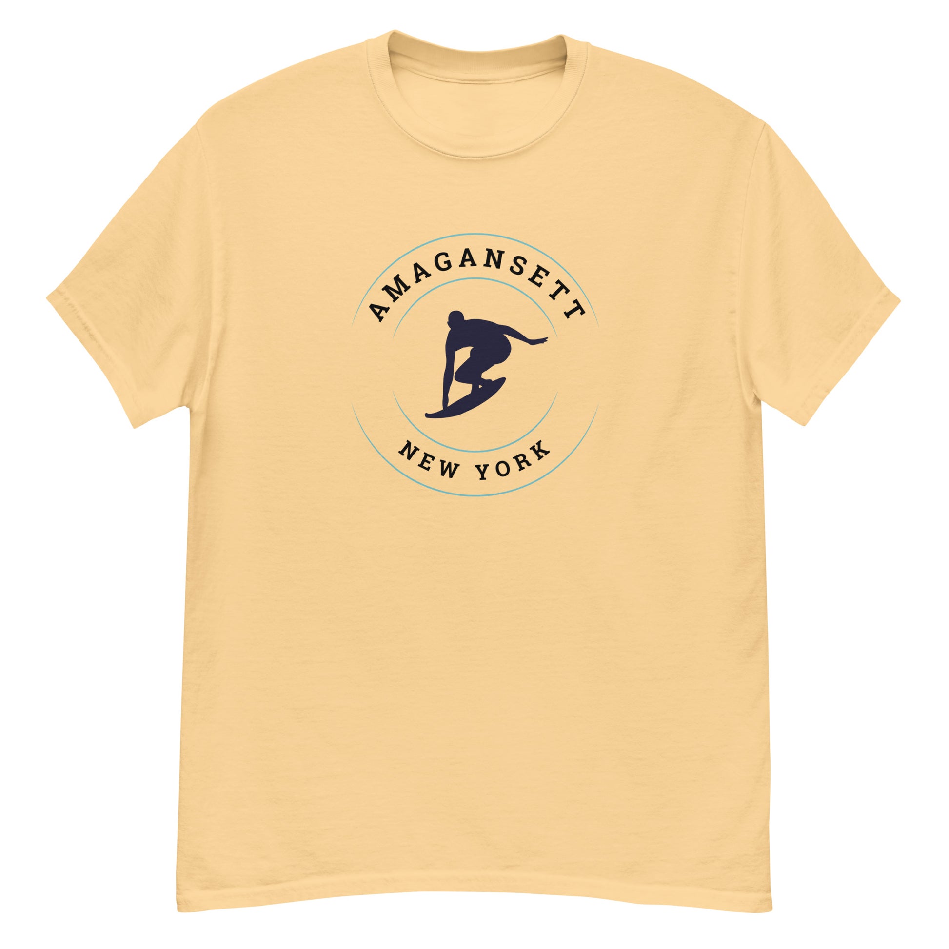 Yellow Amagansett Surfing T-Shirt – Retro Surf Tee with navy surfer design, perfect for summer surf tee collections and beach lovers.