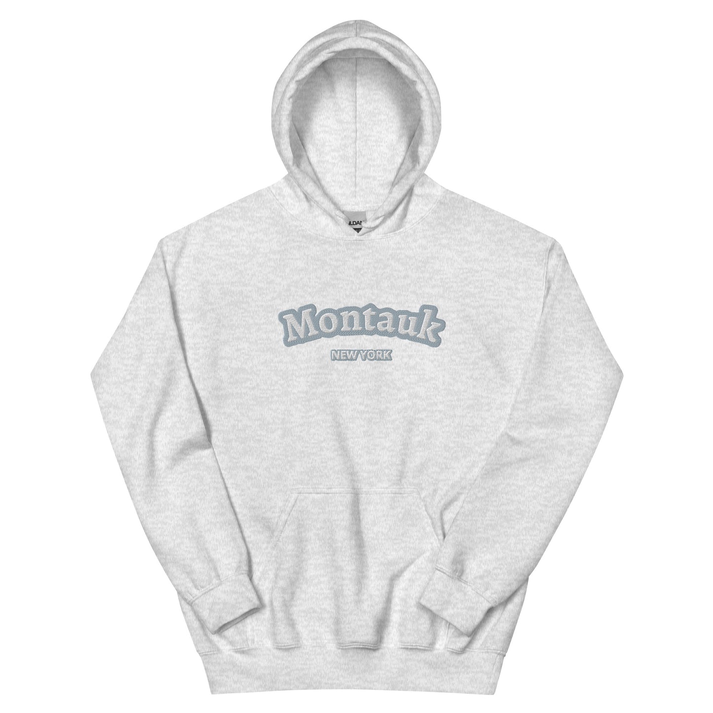 White Montauk Embroidered Hoodie - Unisex Coastal Sweatshirt with soft gray embroidery, a clean and classic Montauk hoodie design.