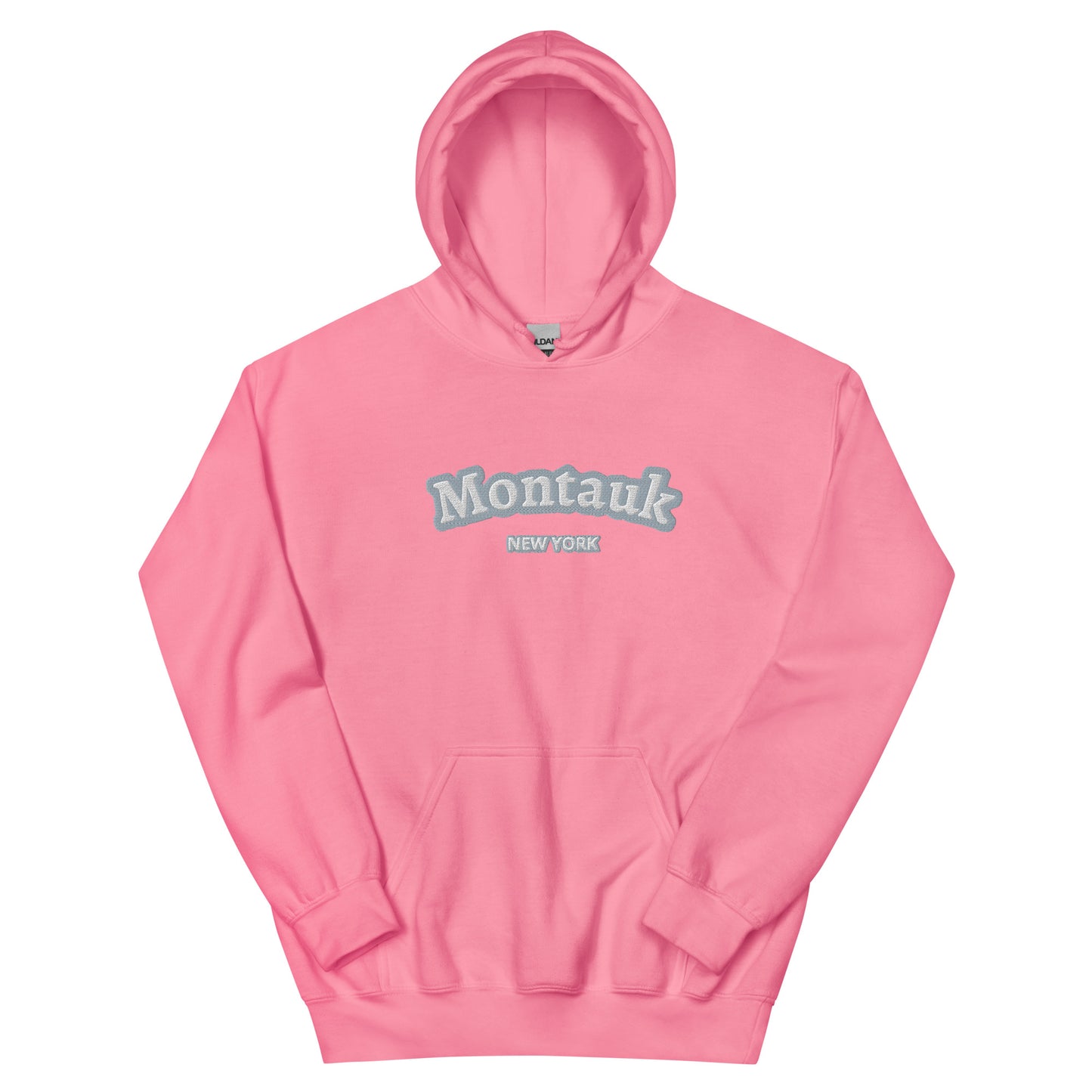 Pink Montauk Embroidered Hoodie - Unisex Coastal Sweatshirt with white embroidery, a cozy and stylish choice for coastal fashion fans.