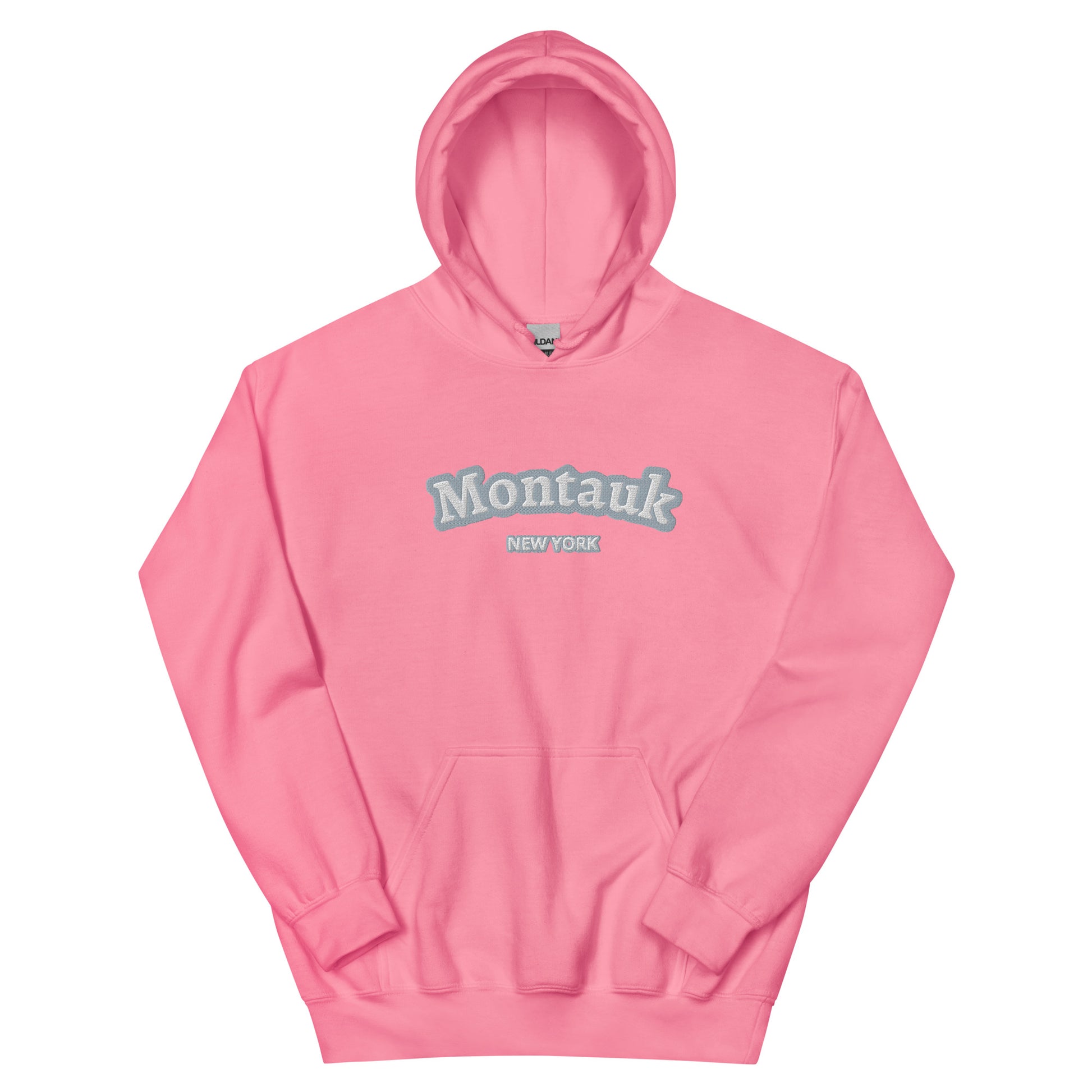 Pink Montauk Embroidered Hoodie - Unisex Coastal Sweatshirt with white embroidery, a cozy and stylish choice for coastal fashion fans.