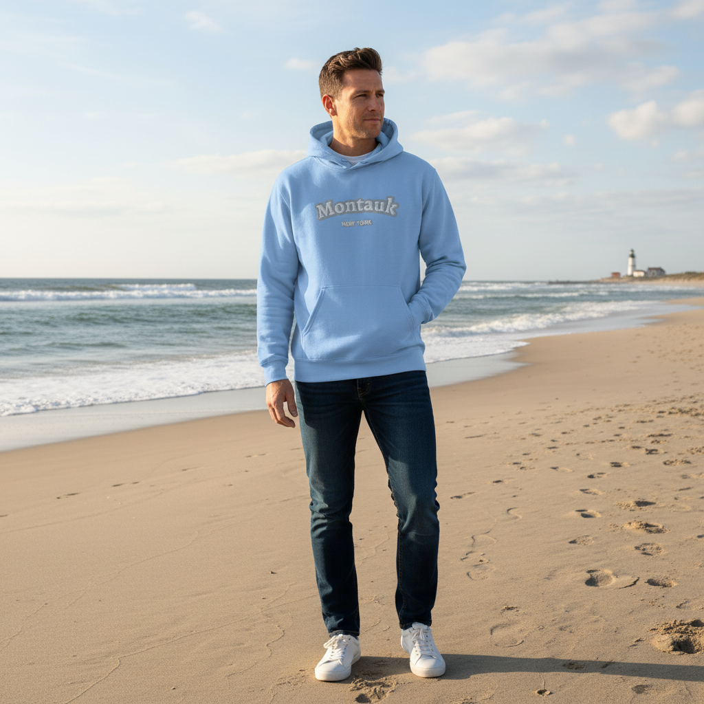 Man wearing a light blue hoodie with 'Montauk' text on a beach