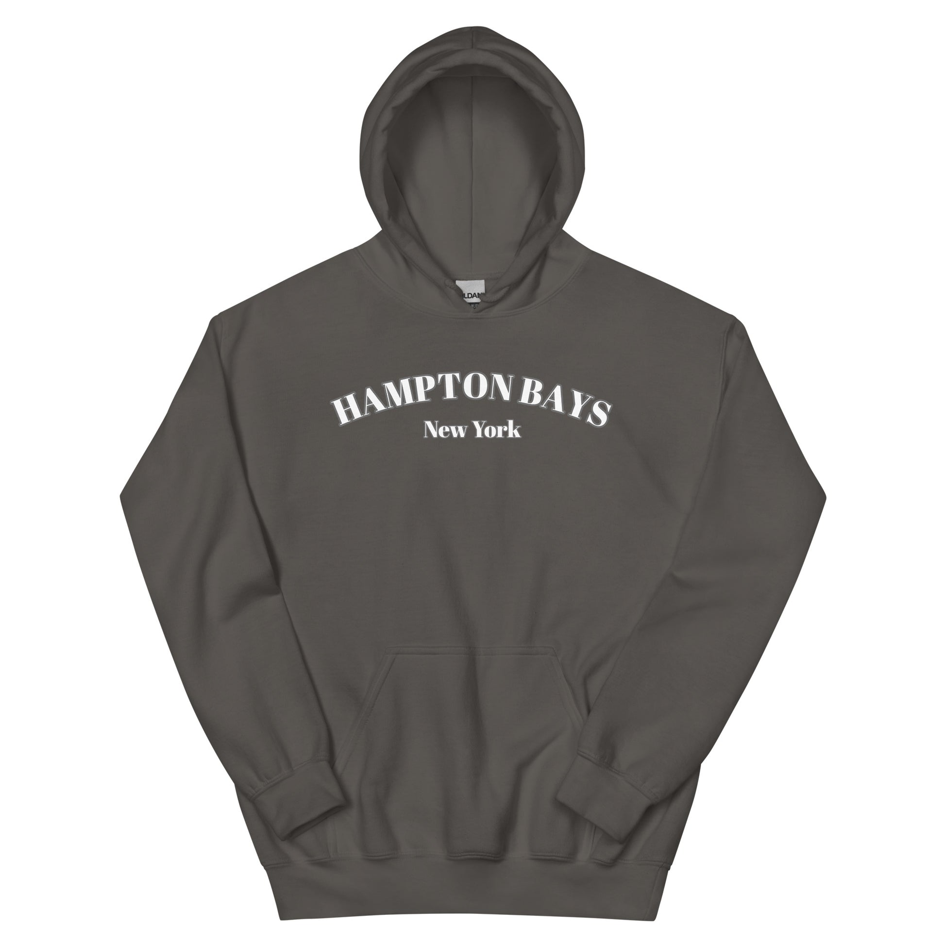Charcoal gray Hampton Bays Hoodie laid flat, cozy unisex beach sweatshirt perfect for fall layering and nautical style.