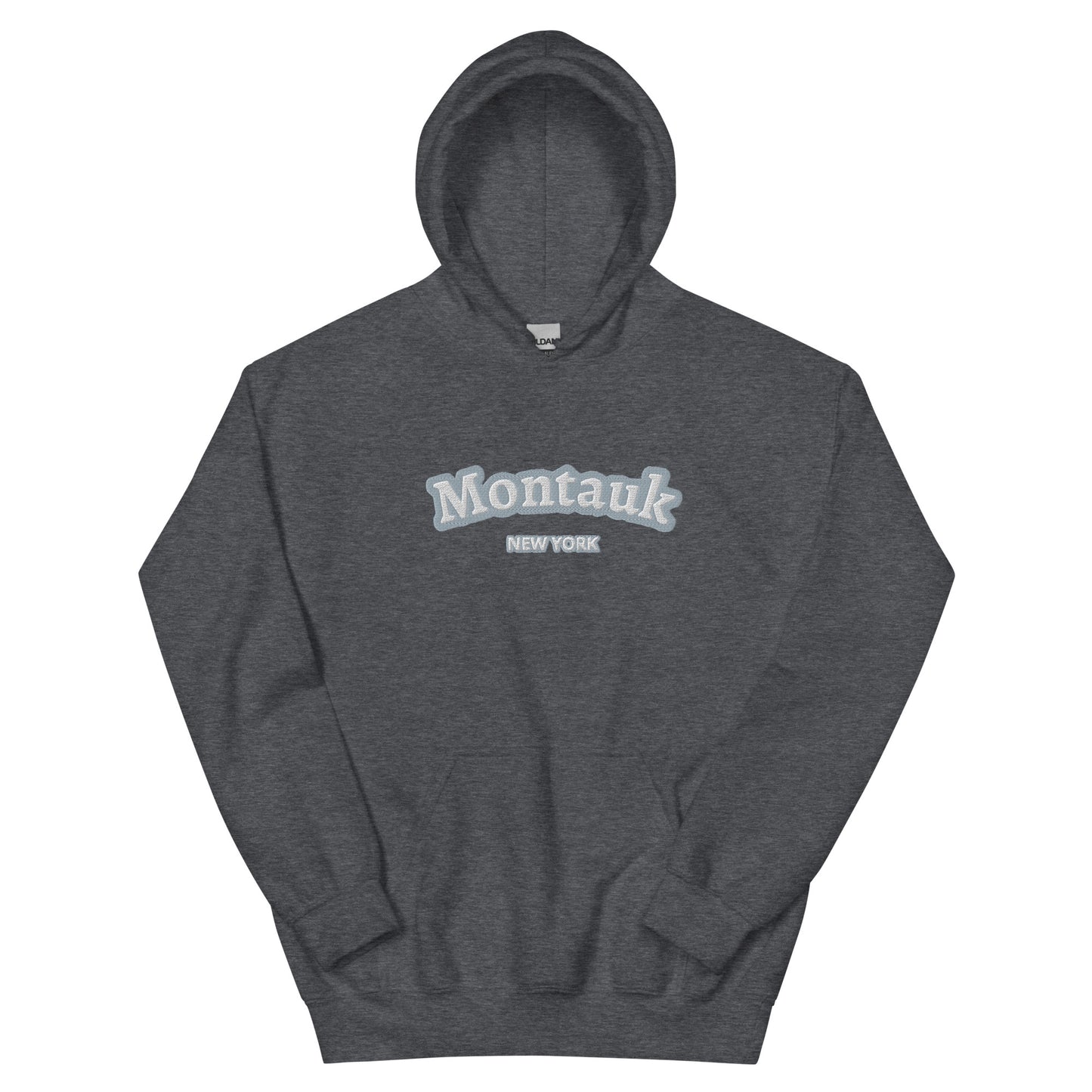 Dark heather gray Montauk Embroidered Hoodie - Unisex Coastal Sweatshirt, a cozy embroidered sweatshirt for New York beachwear lovers.