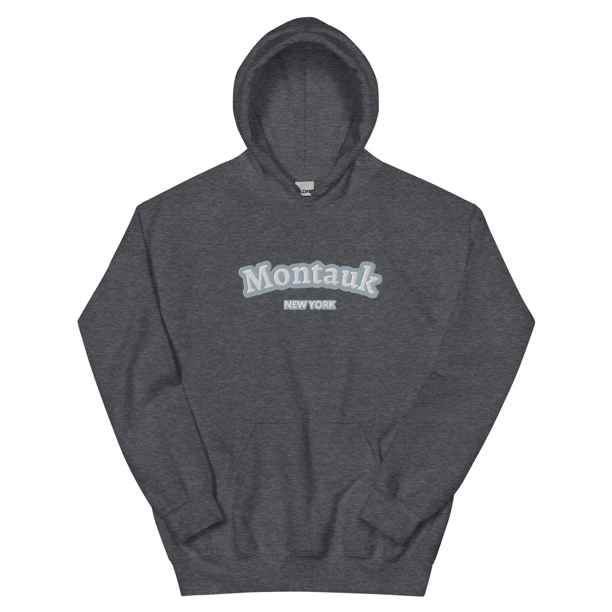 Dark heather gray Montauk Embroidered Hoodie - Unisex Coastal Sweatshirt, a cozy embroidered sweatshirt for New York beachwear lovers.