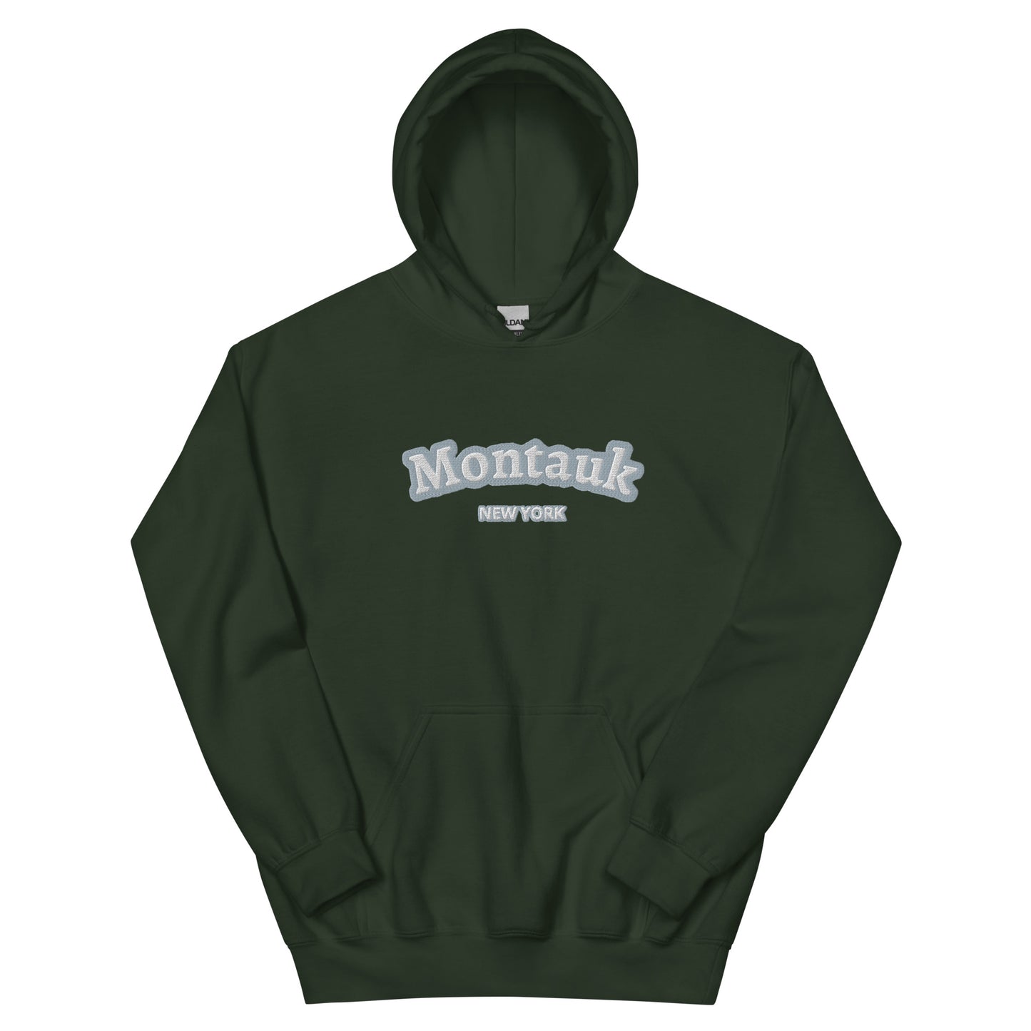 Forest green Montauk Embroidered Hoodie - Unisex Coastal Sweatshirt with classic Montauk New York text, great for East End apparel fans.